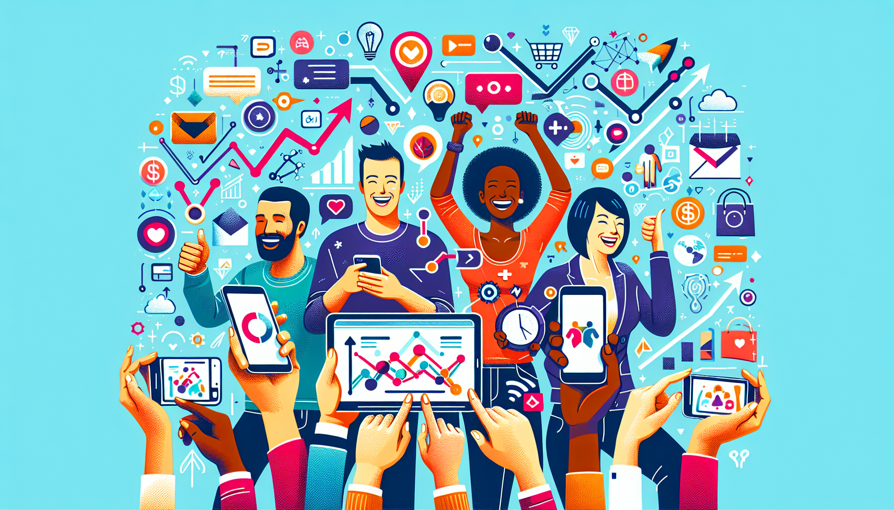 Four people smiling and giving thumbs-up while holding electronic devices, surrounded by colorful icons representing charts, social media, communication, and technology. They appear delighted with the new customer engagement tools that boost interaction and loyalty through an innovative rewards system.