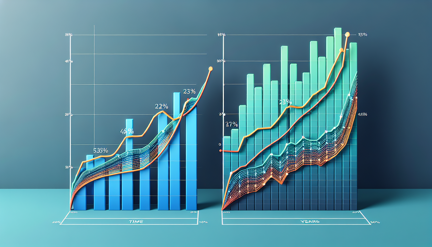 A 3D bar graph with multiple colorful lines, illustrating upward trends and percentage increases, highlights digital engagement. Set against a blue background, it underscores customer retention effectively.