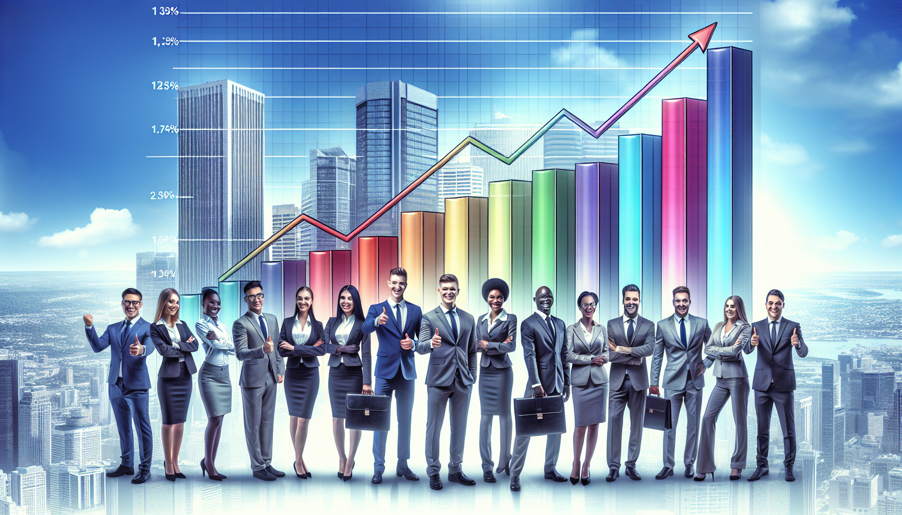 A group of business professionals stands confidently in front of a large, colorful upward-trending graph, with a cityscape background, symbolizing growth and success driven by strong client retention.