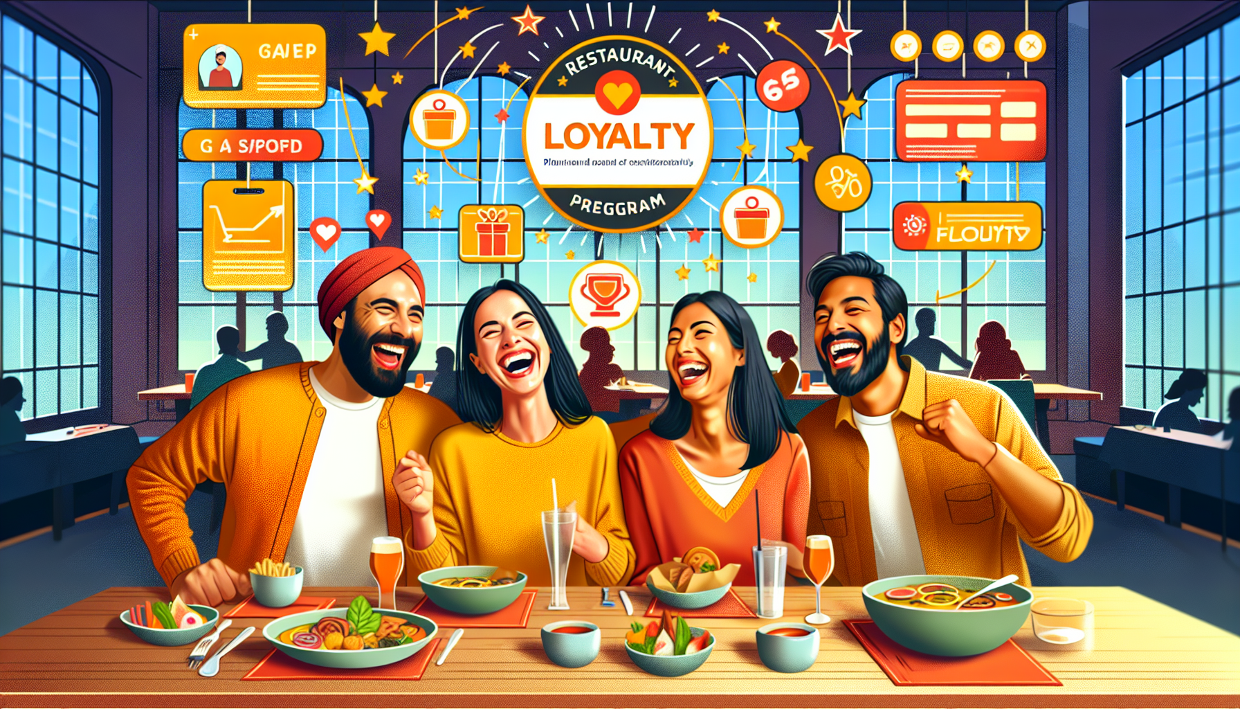 Four friends are laughing and dining at a restaurant, clearly enjoying the evening, showcasing exemplary dining customer satisfaction. The background features a large window with various illuminated loyalty program icons and text. Plates of food and drinks are on the table.