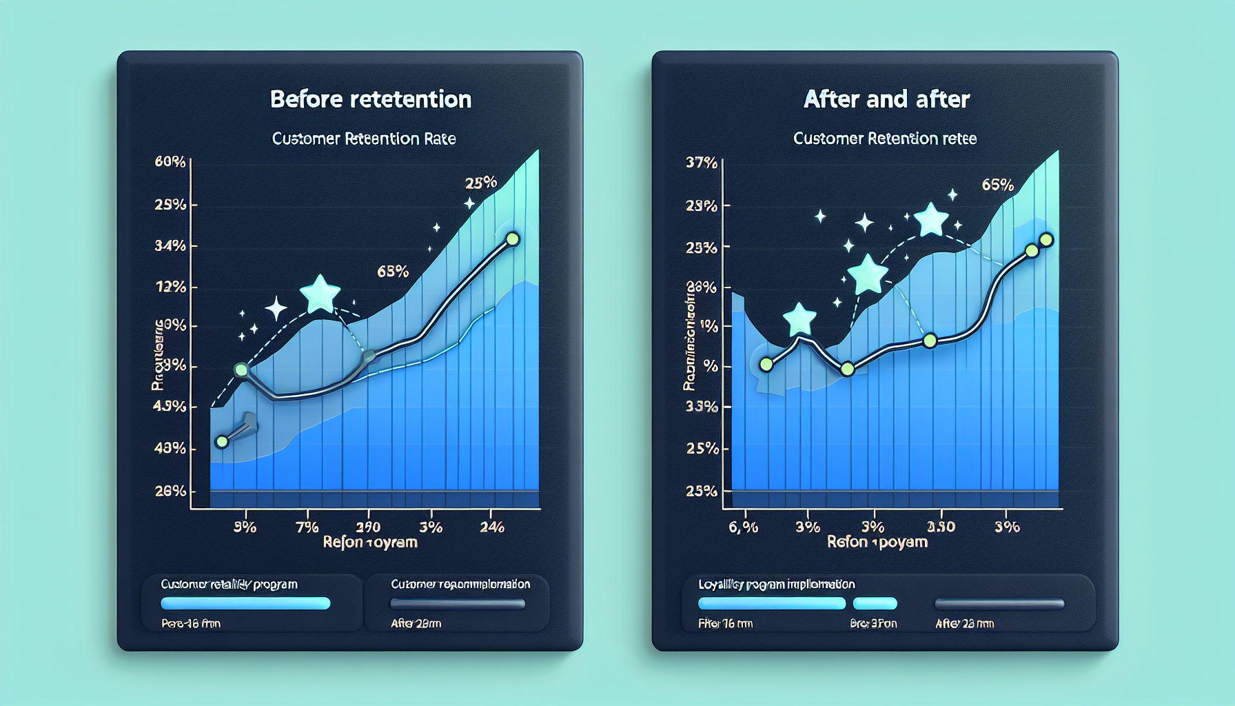 Two charts illustrate customer retention rates. The chart on the right, adorned with stars, shows improved retention, rising from 25% to 65% after introducing a photography loyalty program.