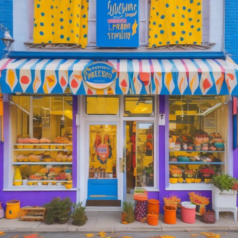 A vibrant storefront with a striped awning and colorful flower displays in the windows. The shop exterior features bright blue and purple walls with yellow polka-dotted curtains above, enticing customers who participate in their punch card reward system for special perks.