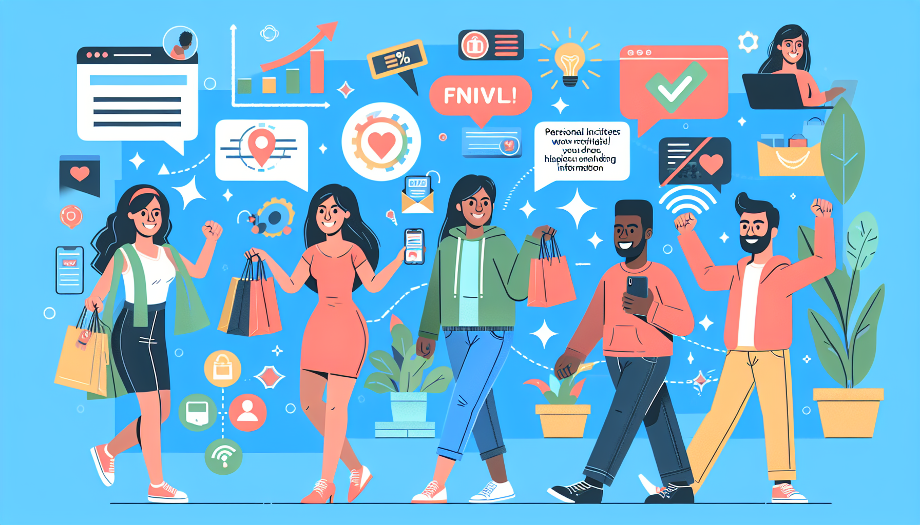 Illustration of five diverse people shopping and interacting with technology. Icons of social media, messages, graphs, and shopping bags surround them. Loyalty Program Software is seamlessly integrated into their experience. Background is blue with various icons and symbols.