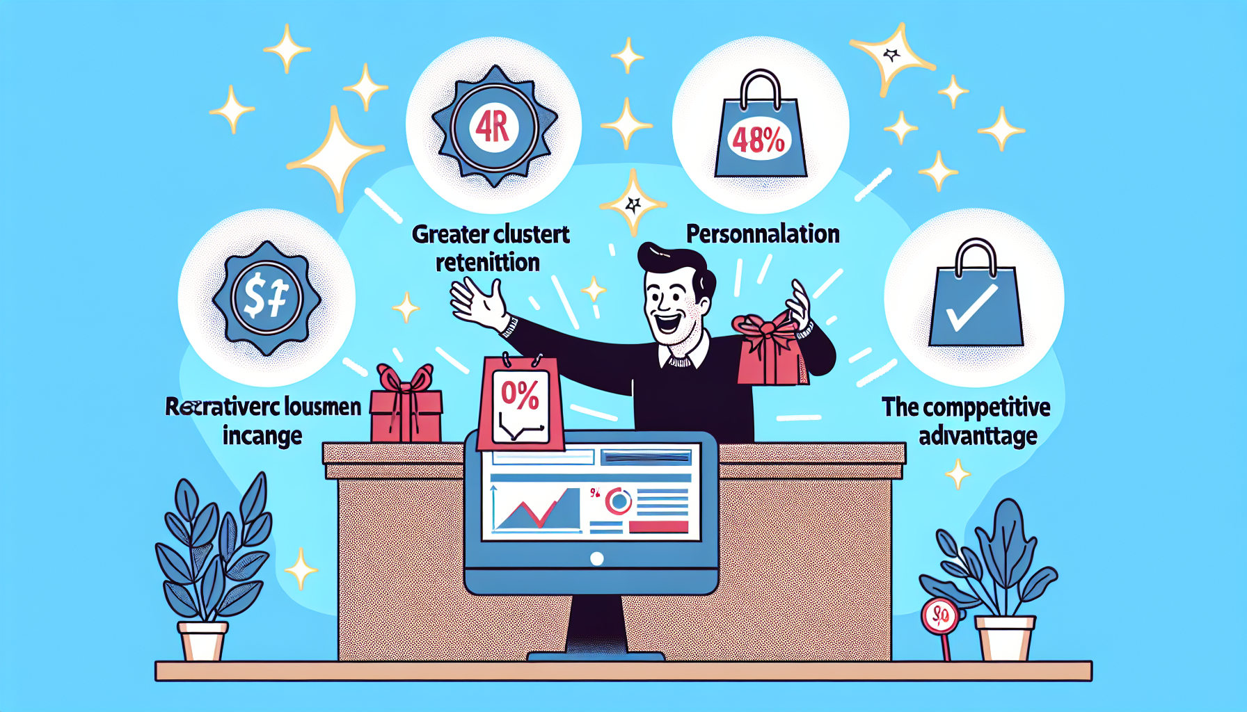 An illustration depicts a person at a desk, surrounded by icons labeled "Greater cluster retention," "Personalization," "Resource consumer change," and "Competitive advantage." The scene highlights a comprehensive engagement strategy, underpinned by an effective customer loyalty program.