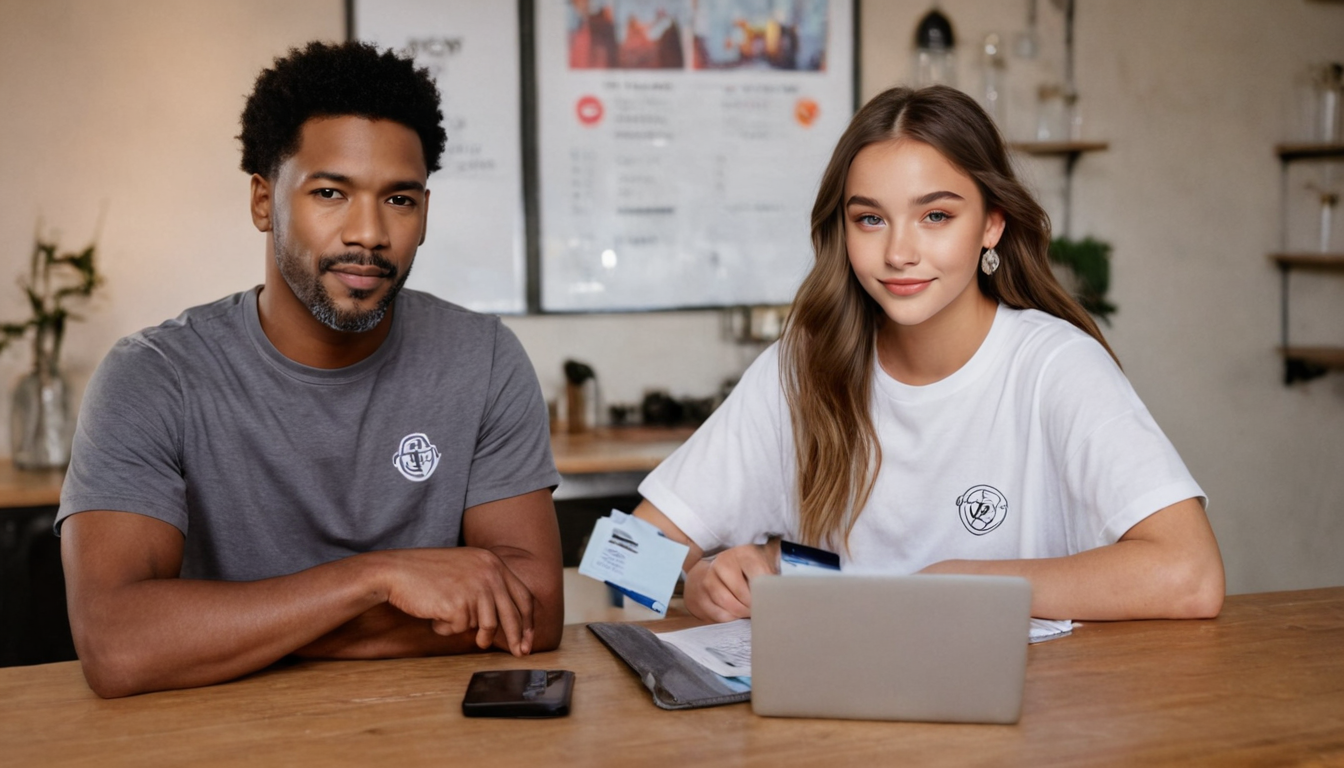 Two people sitting at a table, one wearing a gray shirt and the other in a white shirt. They are both looking at the camera with a laptop, papers, and a phone on the table in front of them—perhaps discussing if loyalty programs are worth it and evaluating their ROI.