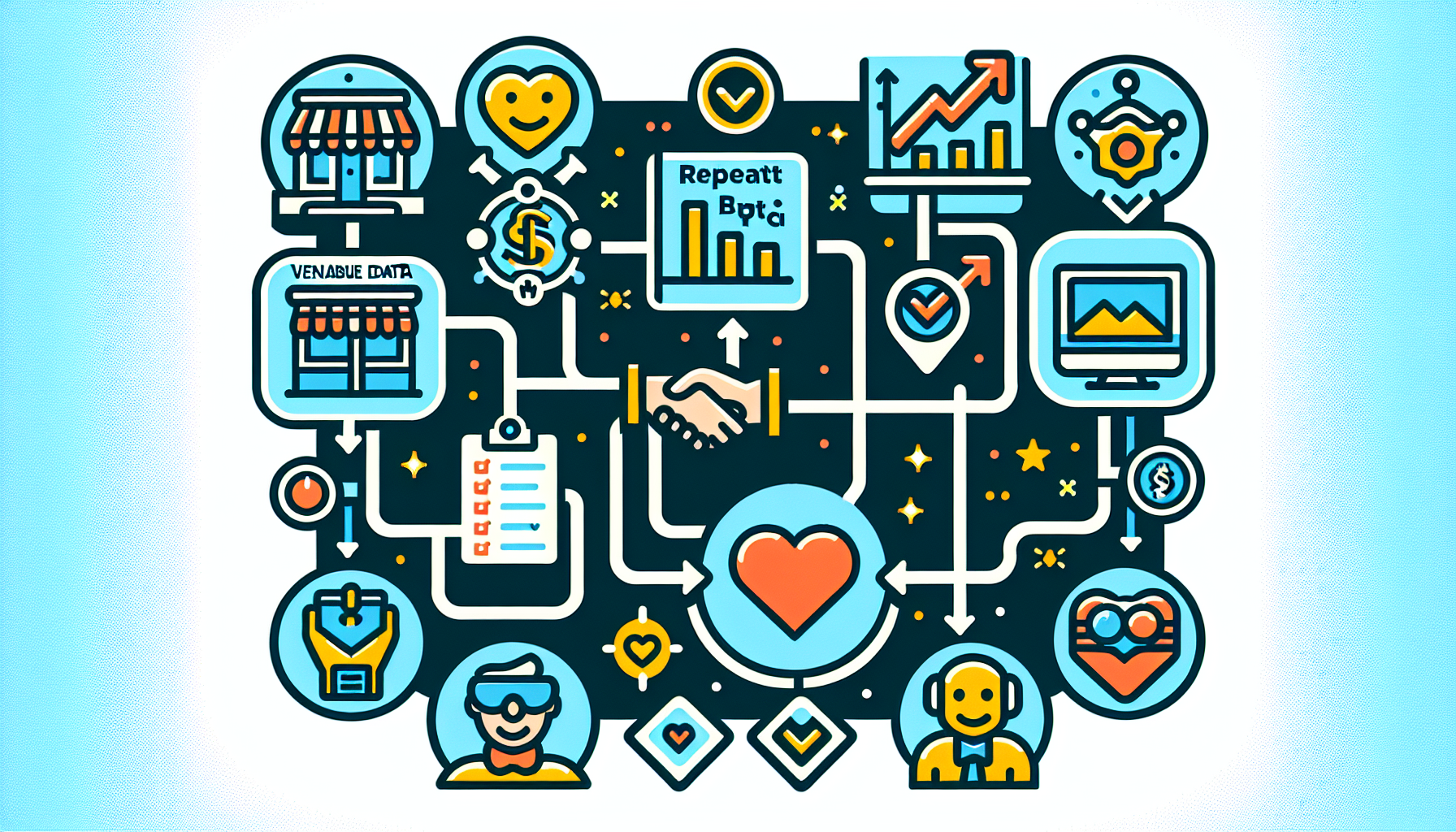 A complex flowchart illustrating interconnected business processes, customer interactions, and data analytics, featuring icons of handshake, heart, data, computer, and store. Included are elements highlighting small business loyalty tools to boost customer retention.