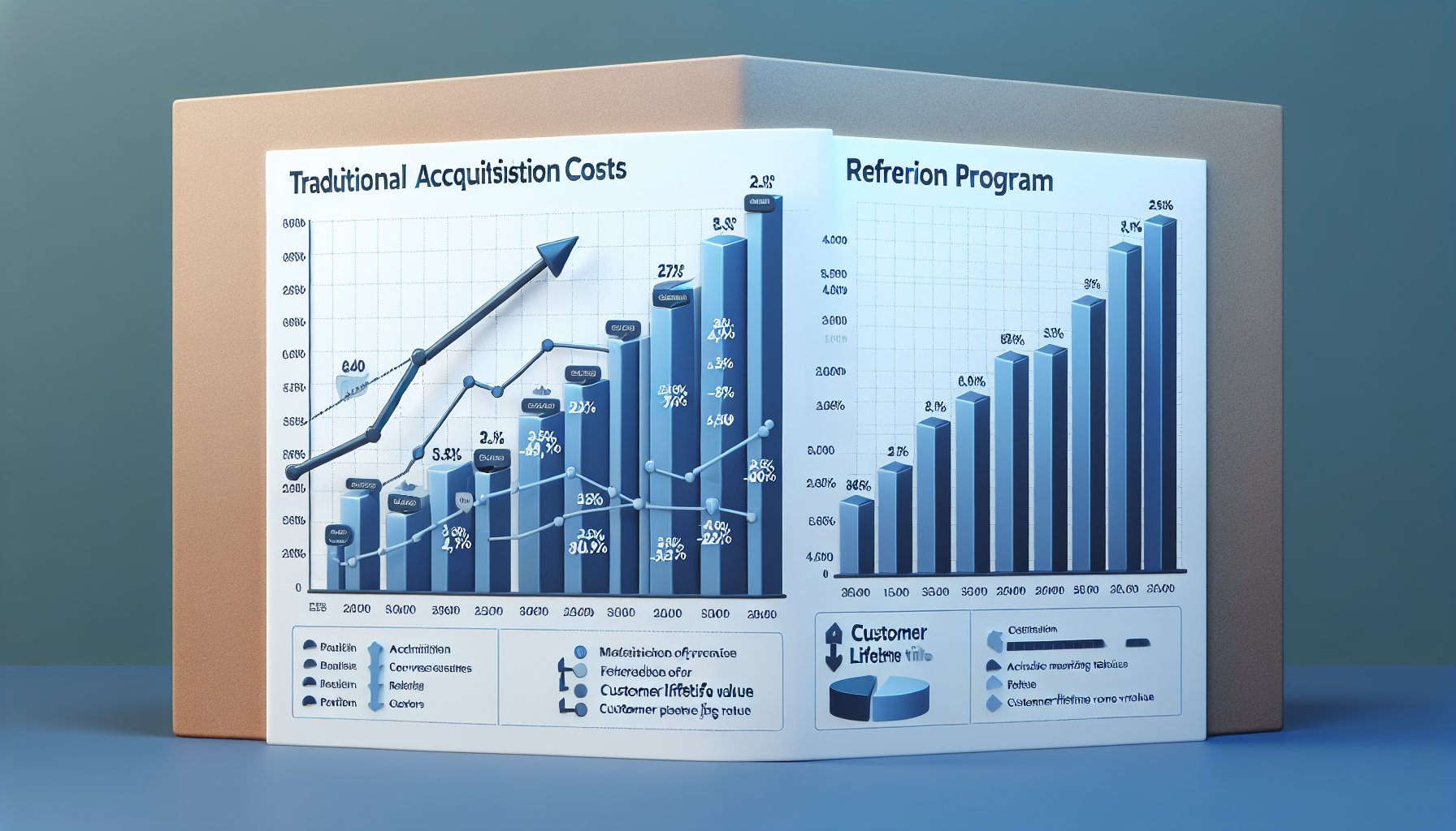 Two graphs compare Traditional Acquisition Costs and a Referral Program. The Traditional graph shows increasing costs, while the Referral graph highlights the advantages of referral programs, such as higher customer lifetime value and lower acquisition costs.