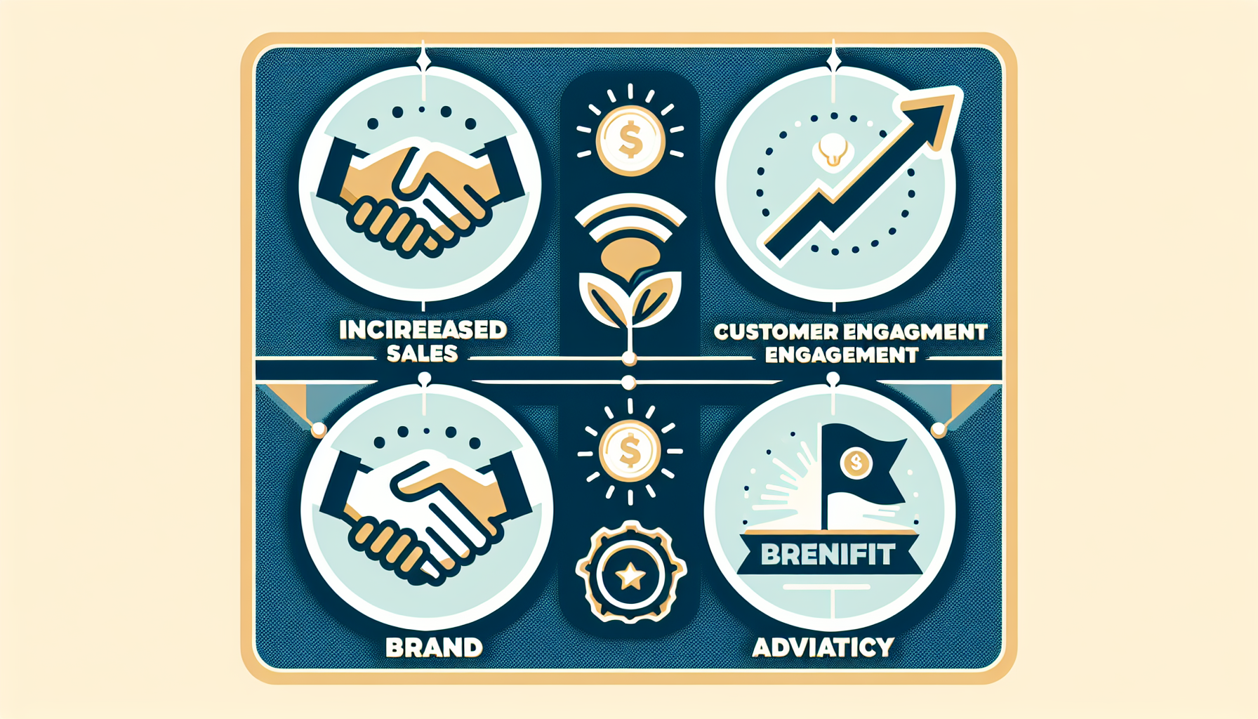 A flowchart illustrating increased sales, customer engagement, and brand benefits through innovative strategies and the benefits of a loyalty program. The chart includes icons of handshake, arrow growth, light bulb, and award ribbon.