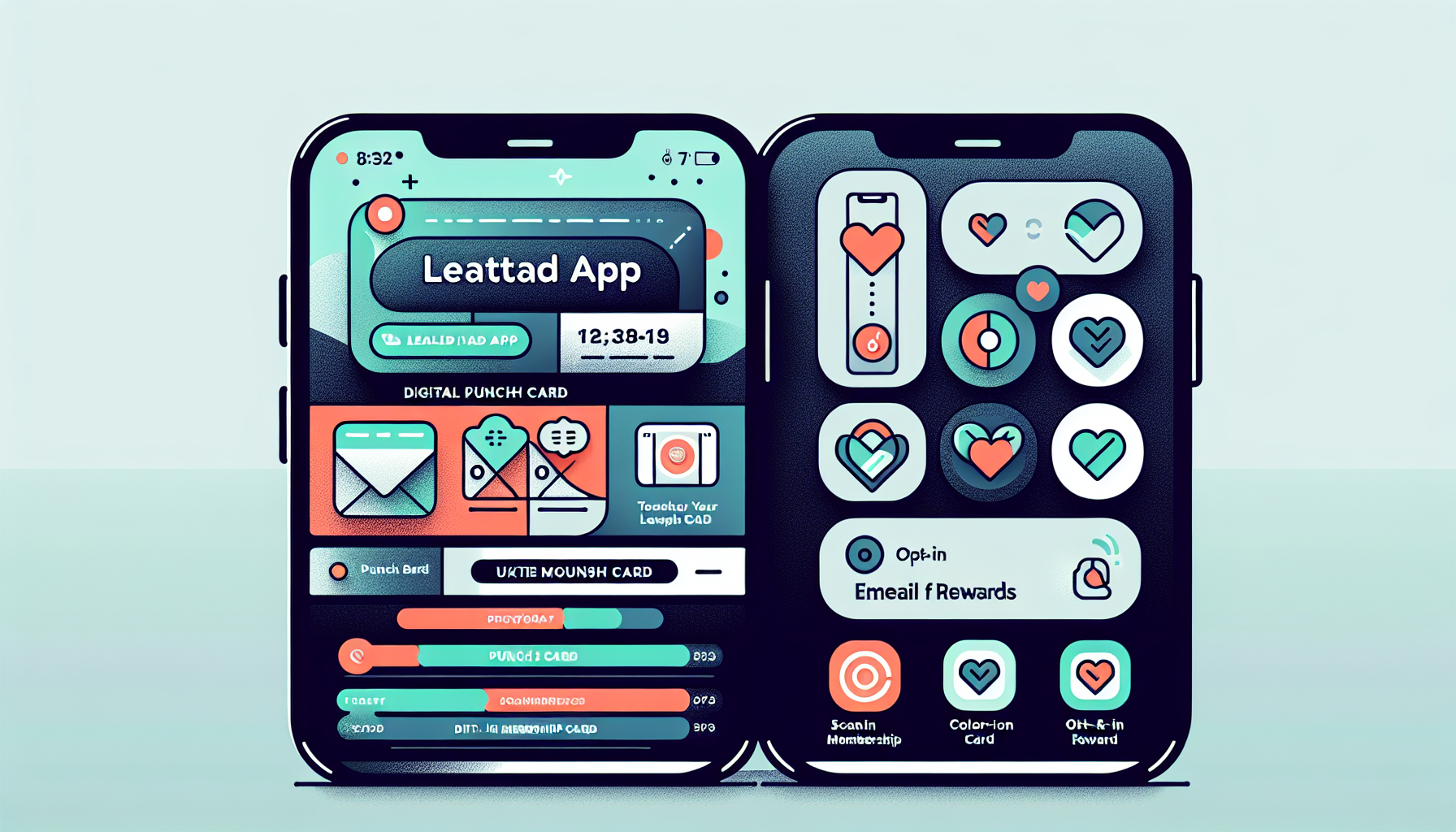 Illustration of a digital loyalty app interface showcasing customer loyalty rewards, digital punch cards, and options for email opt-in and subscription benefits—a perfect embodiment of effective engagement strategies.