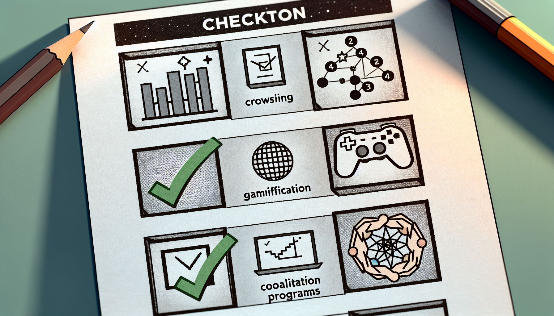 A checklist titled "CHECKTON" featuring icons for crowdsourcing, gamification, and coalition programs. Each item displays a corresponding image and checkbox, enhancing client retention through loyalty solutions.