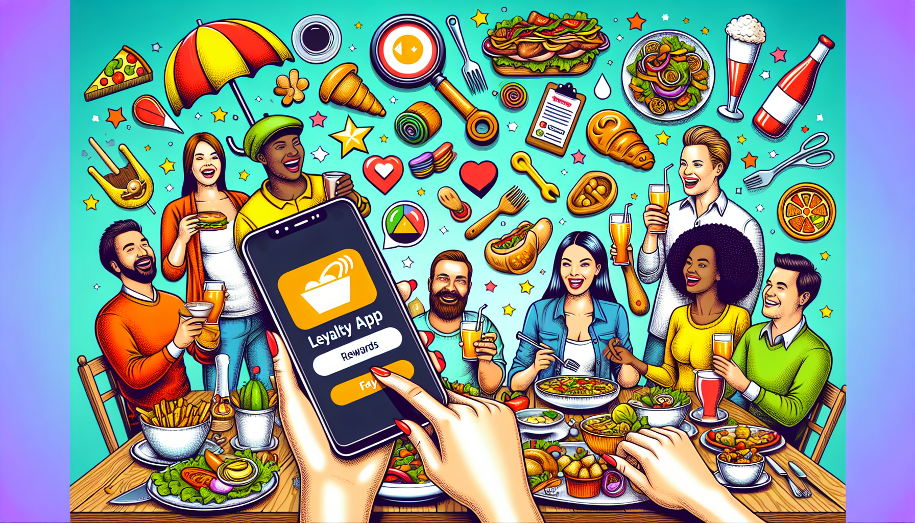 A group of eight people enjoying a meal together at a table. One person is holding a smartphone displaying a restaurant loyalty program app. Various food and drink items are illustrated around them on a vibrant background.