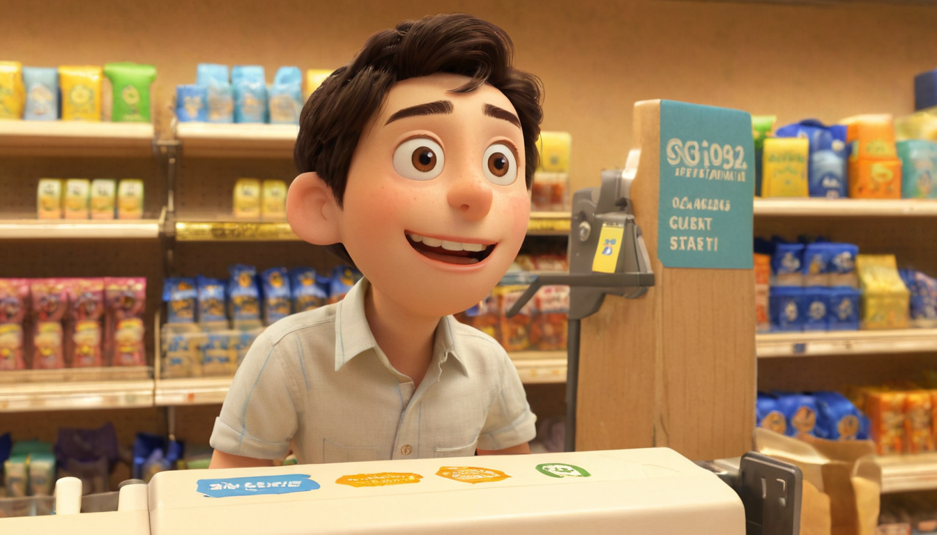 A young animated character stands smiling behind a checkout counter in a brightly lit grocery store aisle with various colorful packaged goods on the shelves in the background, ready to share loyalty program tips to help you make the most out of your shopping experience.