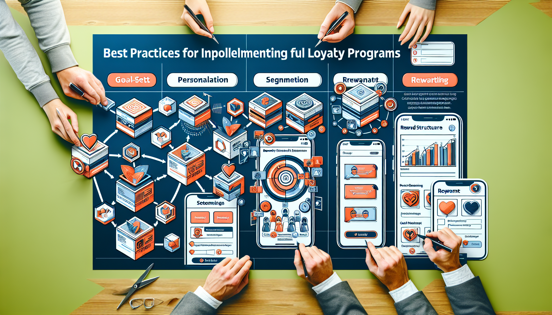 A group of people gather around a table examining a large infographic about best practices for implementing loyalty programs, featuring sections on goal-setting, personalization, segmentation, and rewards, illuminated by detailed customer loyalty analytics.