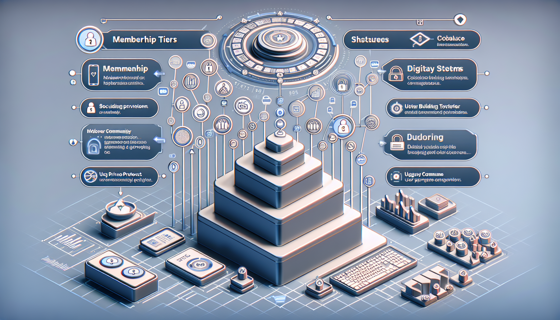 A 3D illustration of a pyramid structure with tech icons and floating elements representing various digital services and systems, including a virtual loyalty card app and smartphone loyalty points, all organized around the pyramid in an elaborate, interconnected design.