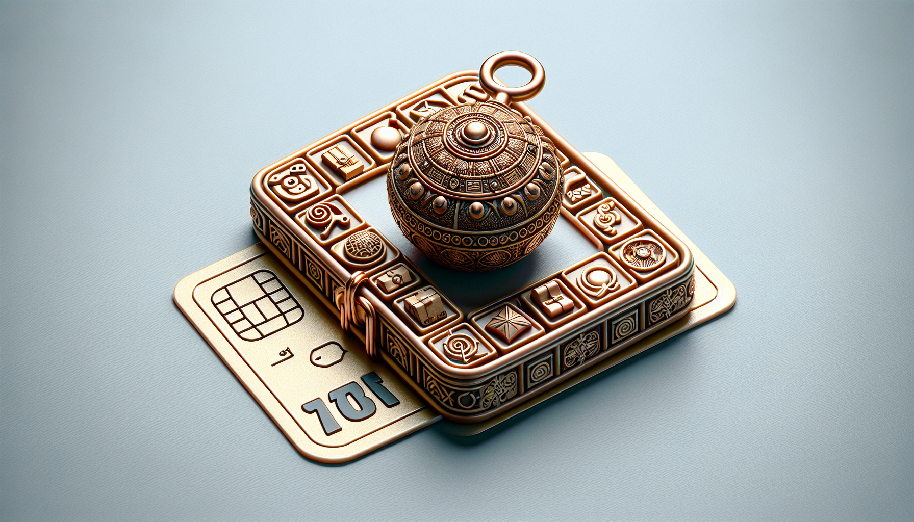 A small, ornate metallic lock with intricate designs rests on top of a flat, rectangular card featuring a keypad and numeric display, symbolizing exclusive rewards for brand loyalty.