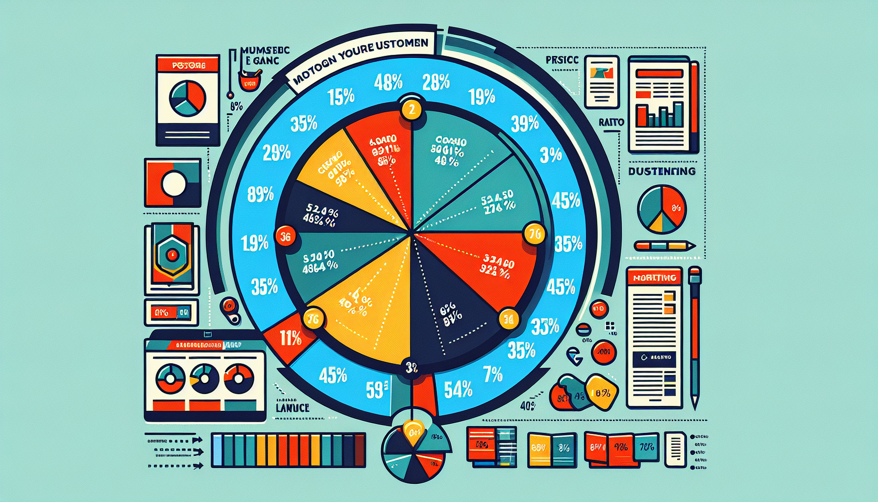 Pie chart and bar graphs illustrating personalized marketing statistics in distinct color segments. Surrounding graphics display additional charts, percentages, and customer retention strategies on a light teal background.