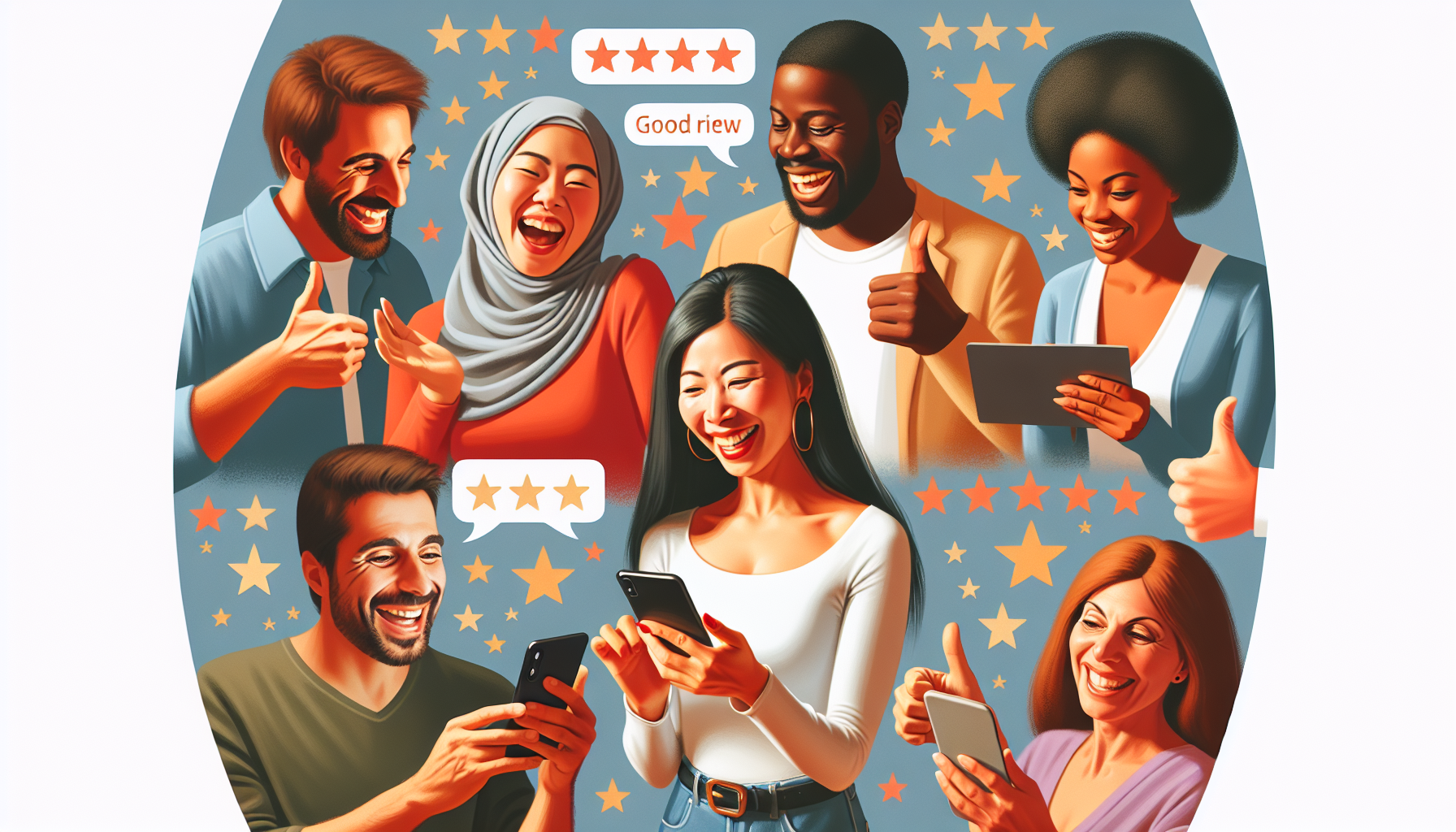 A diverse group of smiling people using phones and tablets engages with star ratings and comments like "Good review" in the background, illustrating the power of building customer loyalty through an effective loyalty program.