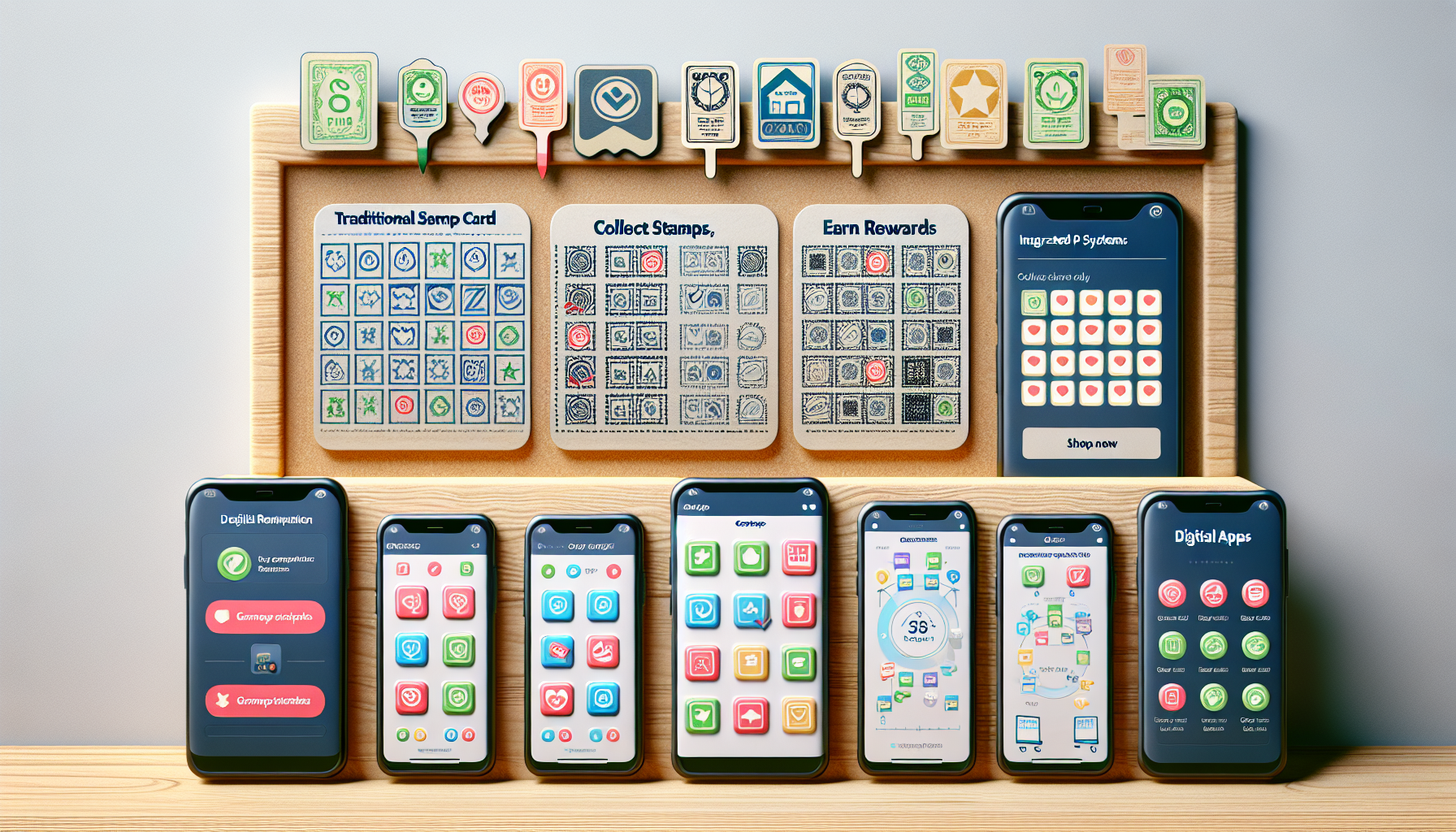 Image showing various traditional stamp cards and digital reward apps on a wooden board. The display illustrates the transition from physical stamp cards to digital apps for collecting stamps and earning rewards, highlighting the evolving landscape of digital loyalty program pricing.