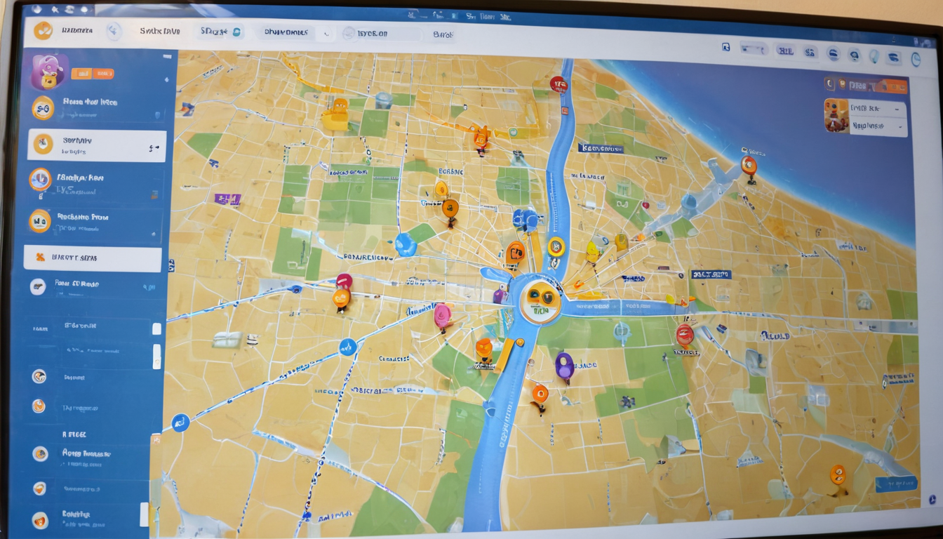 A large computer screen displays an interactive city map interface with multiple icons and user ratings indicating various points of interest, seamlessly integrating customer loyalty initiatives to enhance user engagement and satisfaction.