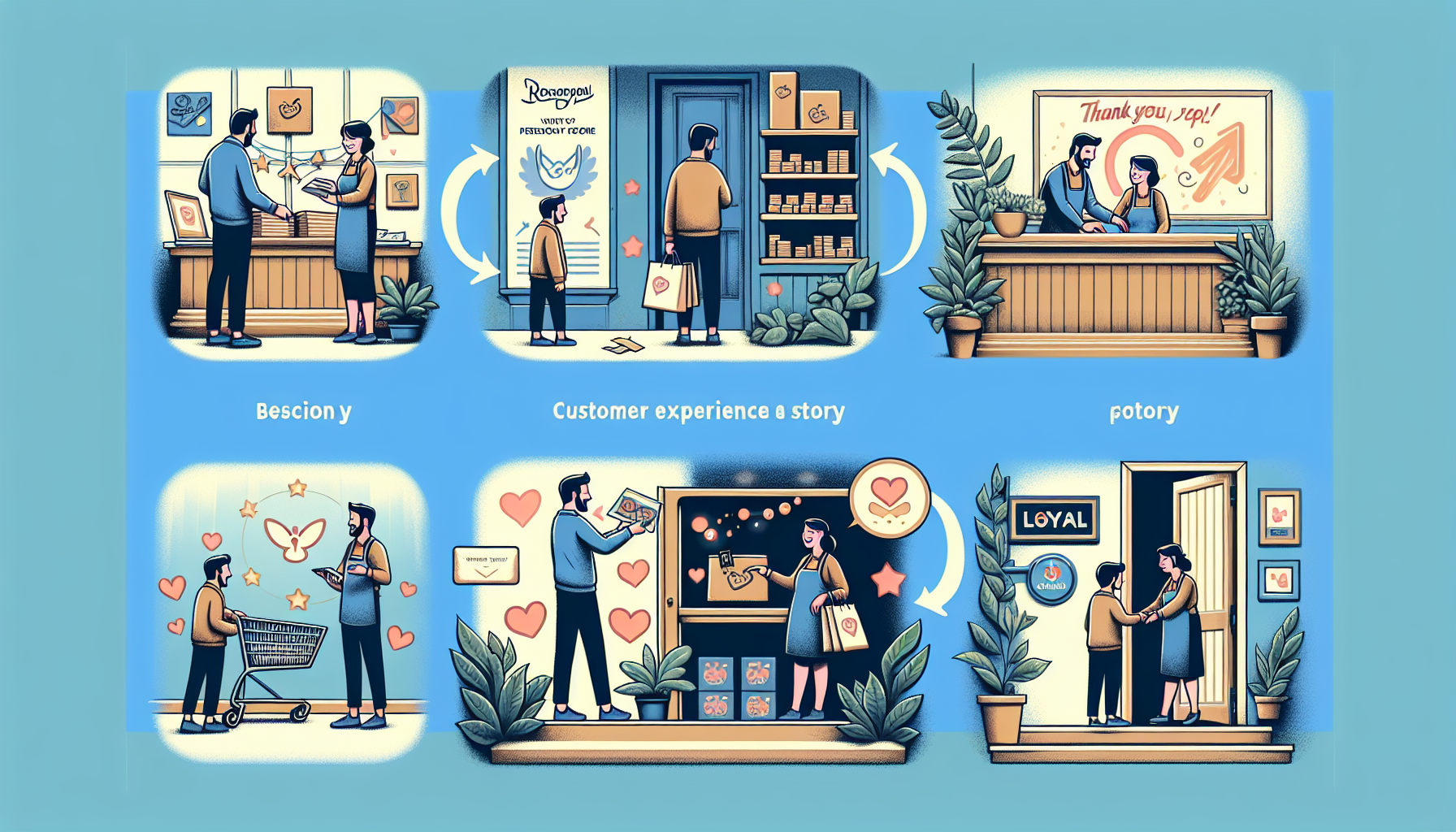 Illustration depicting stages of a positive customer experience: inquiring, receiving products, leaving a review, and returning as a loyal customer, shown in a stylized, cartoon-like sequence that emphasizes consumer trust and repeat business.