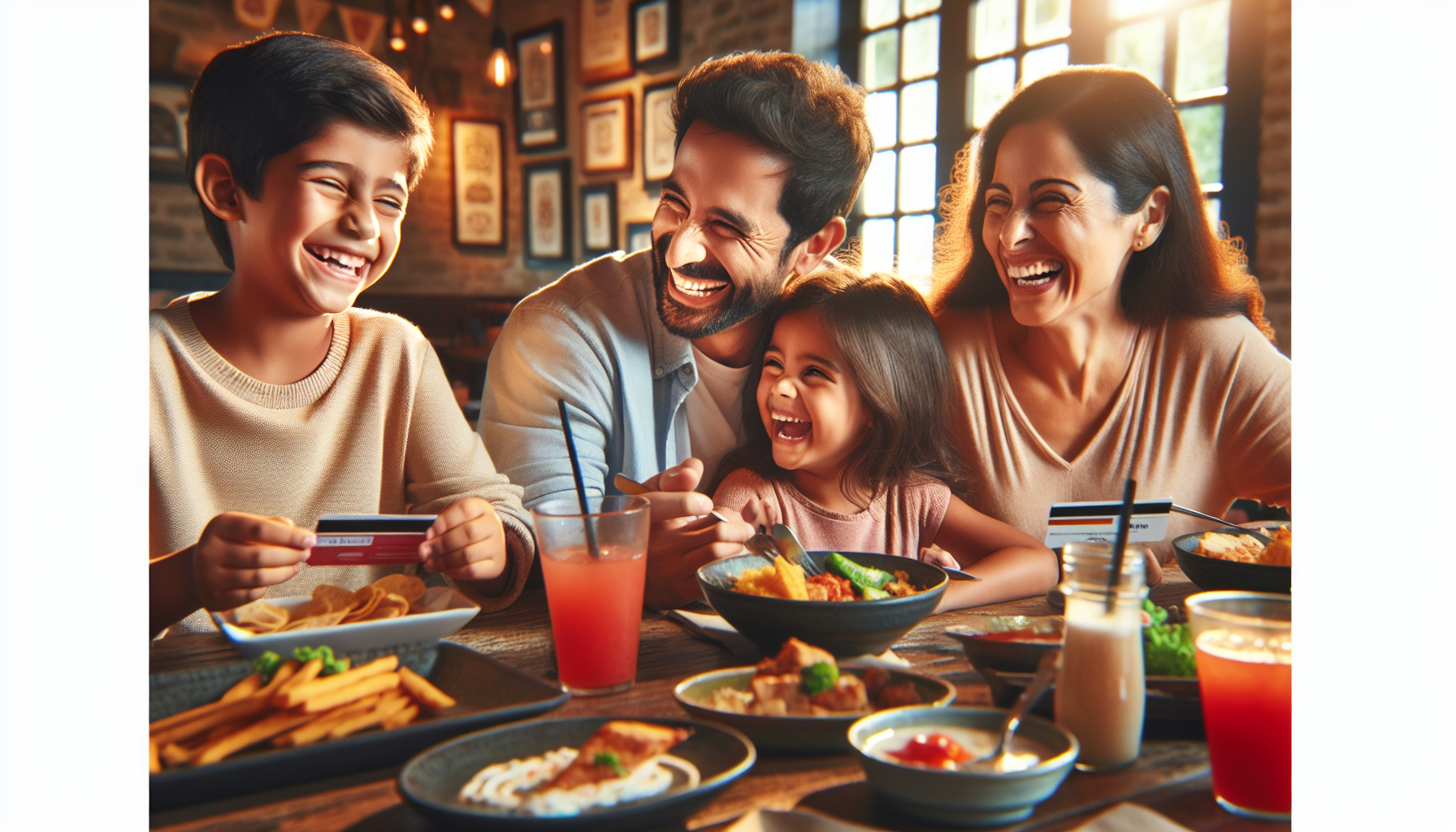 A family of four, seated at a restaurant table, smiles and laughs together while enjoying various dishes and beverages. The parents are in the middle, with their children on either side, perfectly illustrating the success of customer loyalty programs for restaurants.