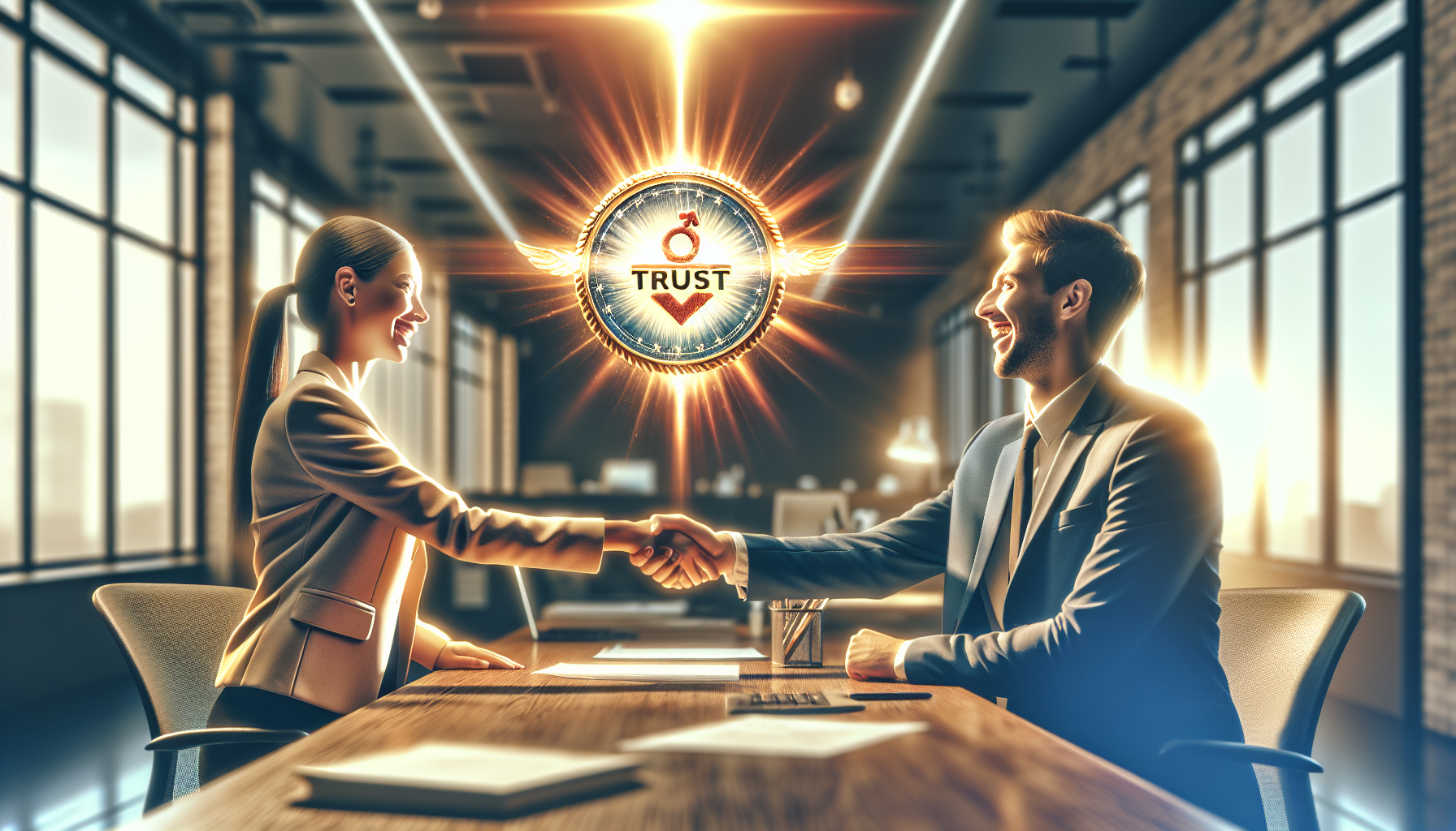 Two professionals shake hands across a table in an office setting, while a glowing "TRUST" emblem hovers in the air between them, symbolizing a successful agreement or partnership that meets customer expectations.