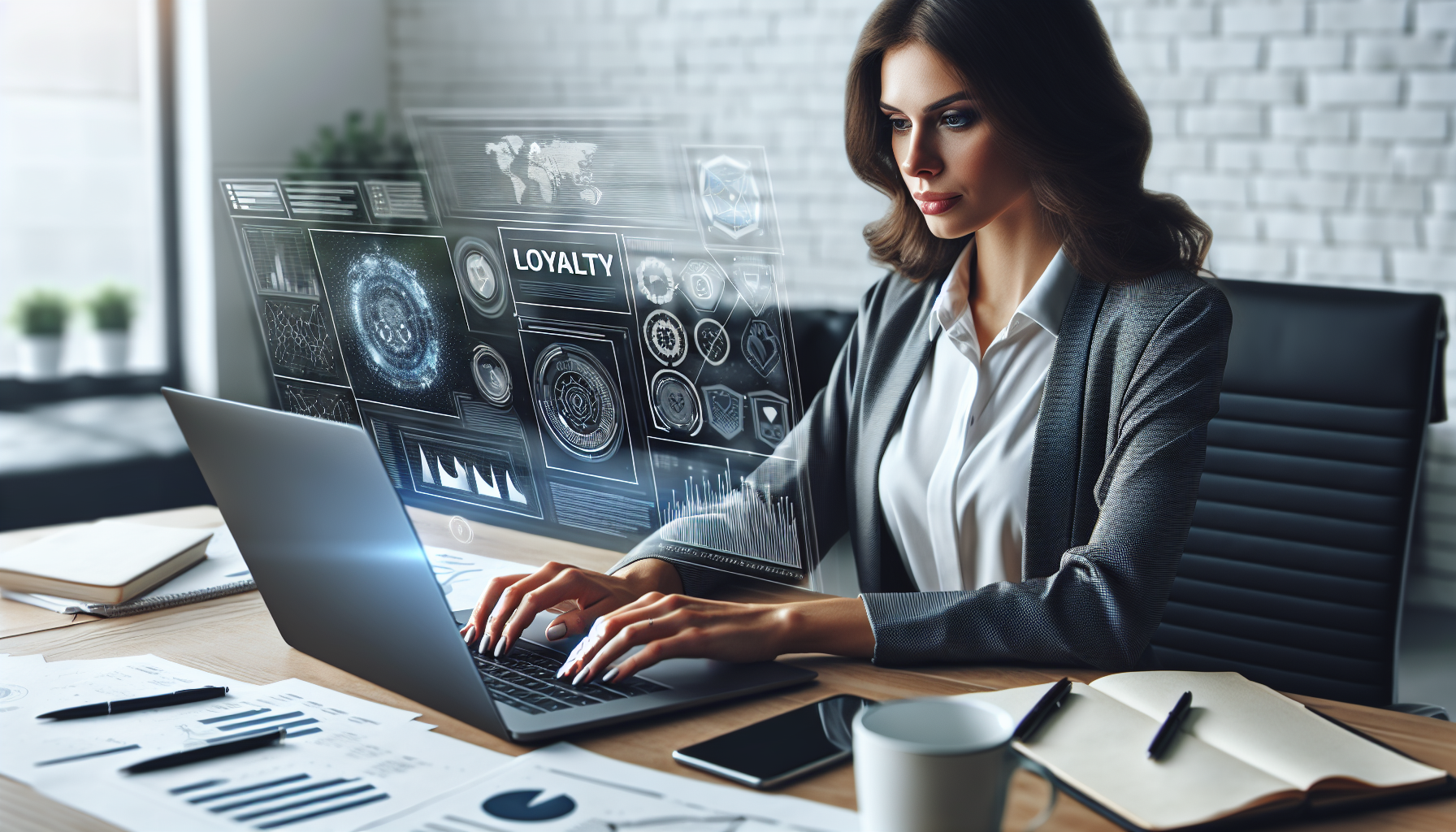 A woman in a gray blazer works on a laptop at a desk, surrounded by holographic data displays showcasing terms like "loyalty" and "customer engagement tools." Papers, a notebook, and a cup are neatly arranged on the desk.