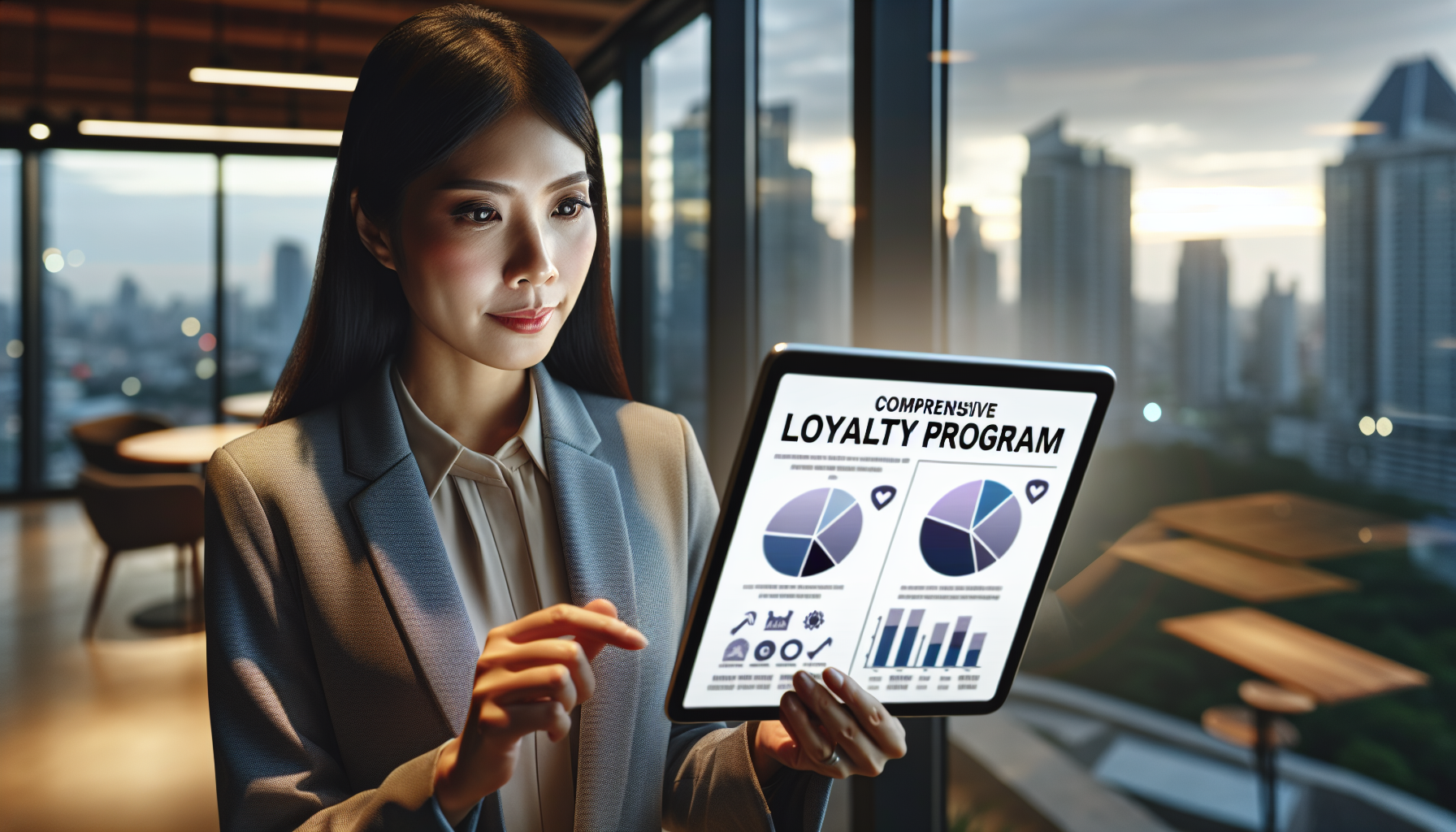 A person in a business suit holds a tablet displaying a "Comprehensive Loyalty Program" with charts and graphs featuring Starbucks Stars in an office with large windows and cityscape view.