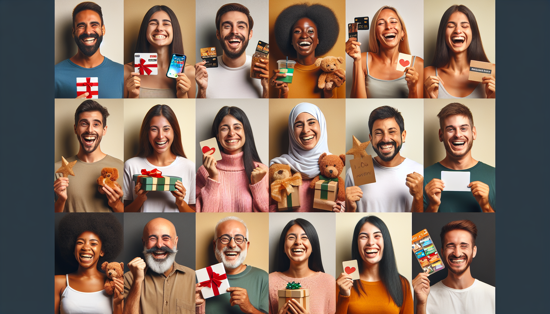 A diverse group of 18 people smiles while holding gift cards, credit cards, and presents. They stand against a plain background, displaying a joyful and celebratory mood, enhanced by their use of digital loyalty programs.