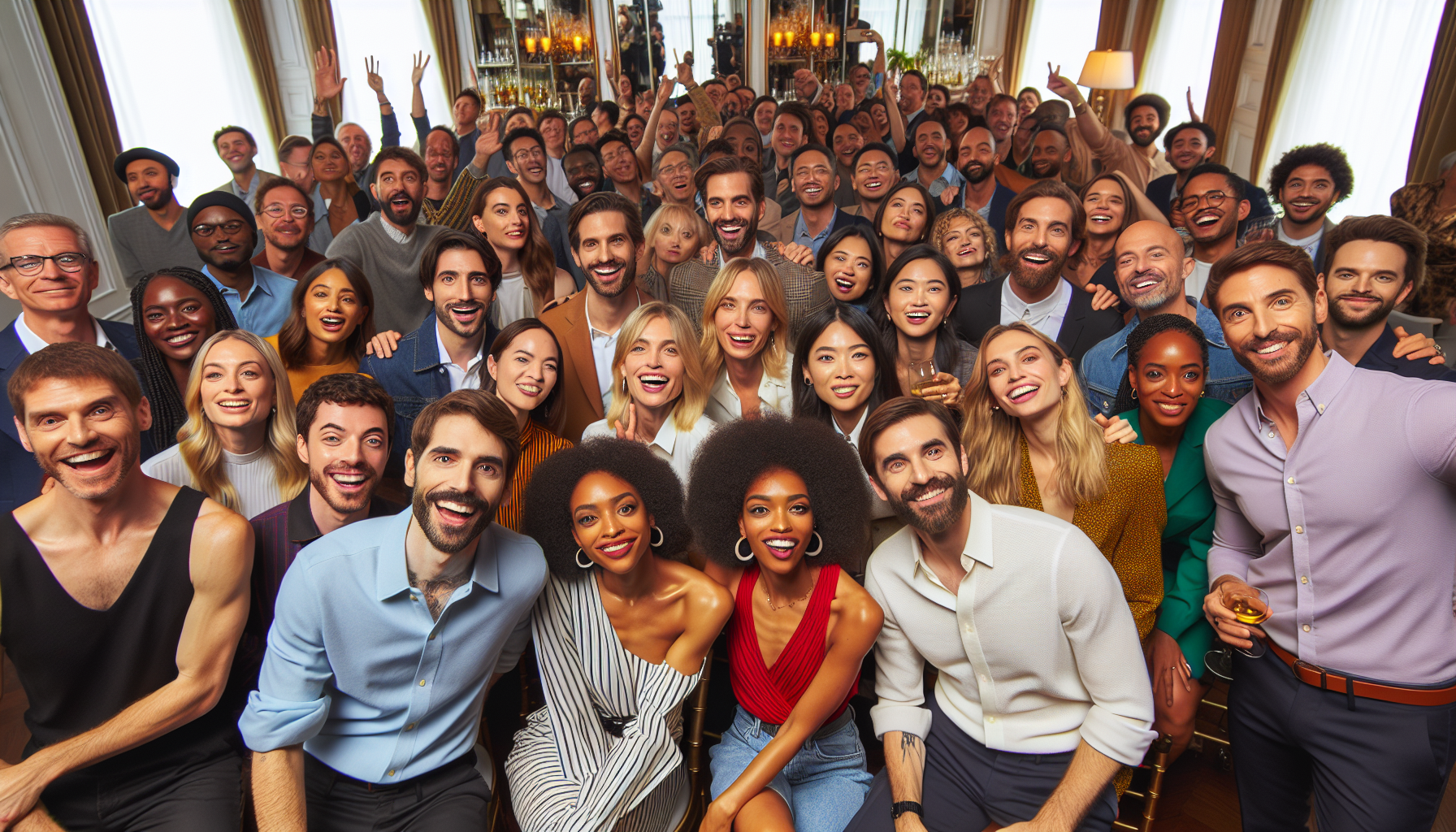 A large, diverse group of people smiling and posing for a photo in an indoor setting with mirrors and lights behind them, clearly enjoying the Studio Loyalty Benefits that bring photographers together.