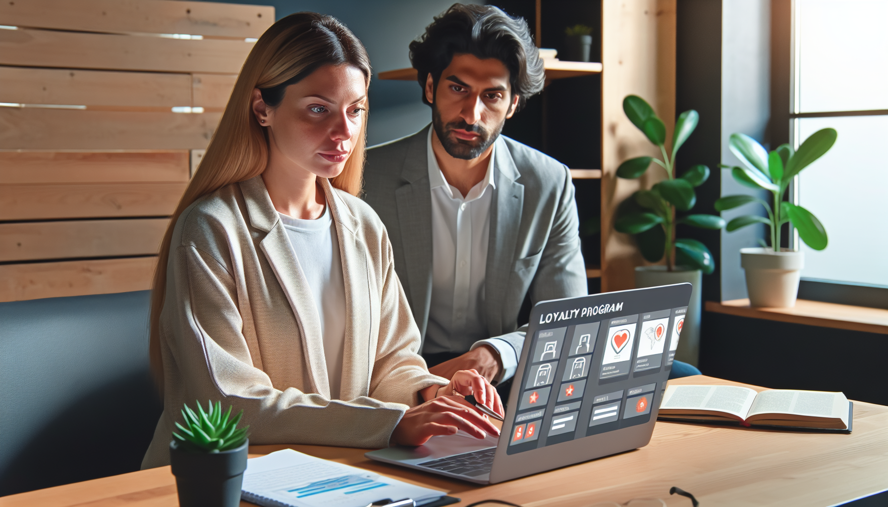 Two colleagues in a modern office setting work on a laptop displaying a "Loyalty rewards app" interface. The desk has a notebook, a document, a pen, and a small potted plant.