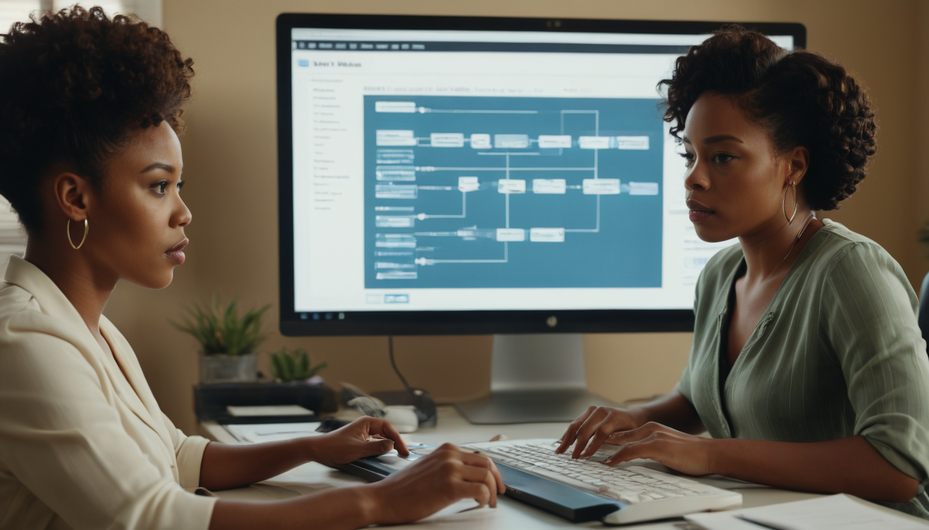 Two women using a computer to review a membership app for businesses flowchart on the screen in an office setting.