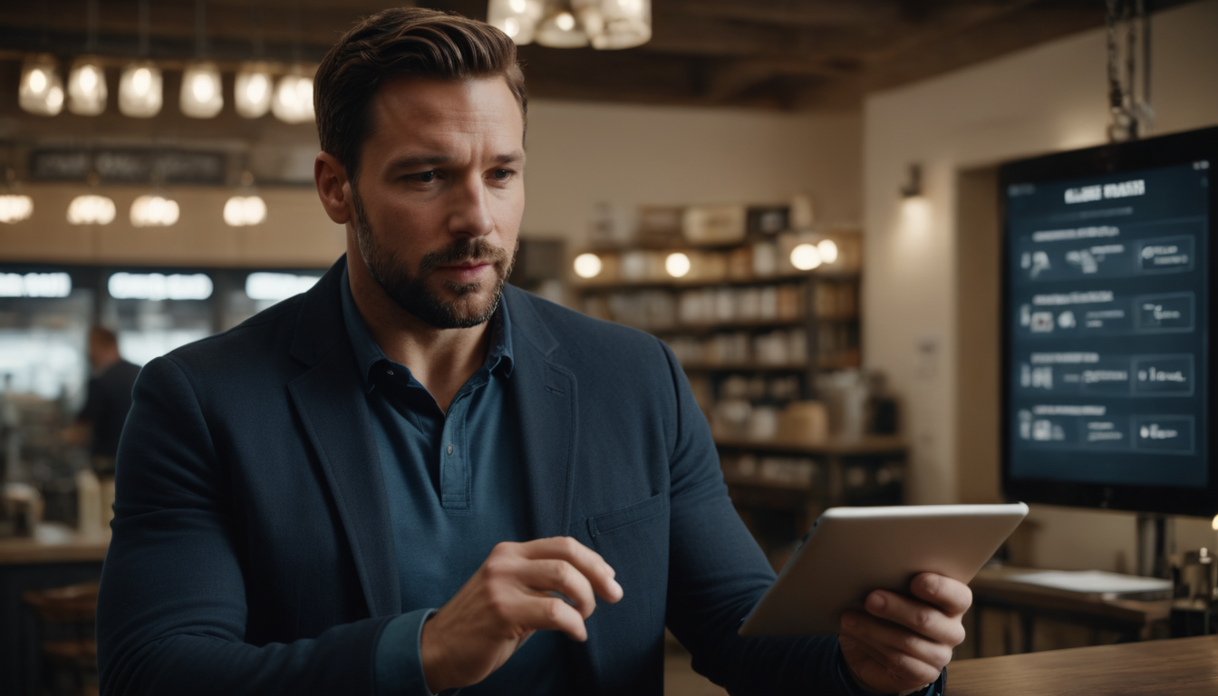 A man in a blue shirt using a tablet to research customer loyalty program ideas in a dimly lit café with a menu board in the background.