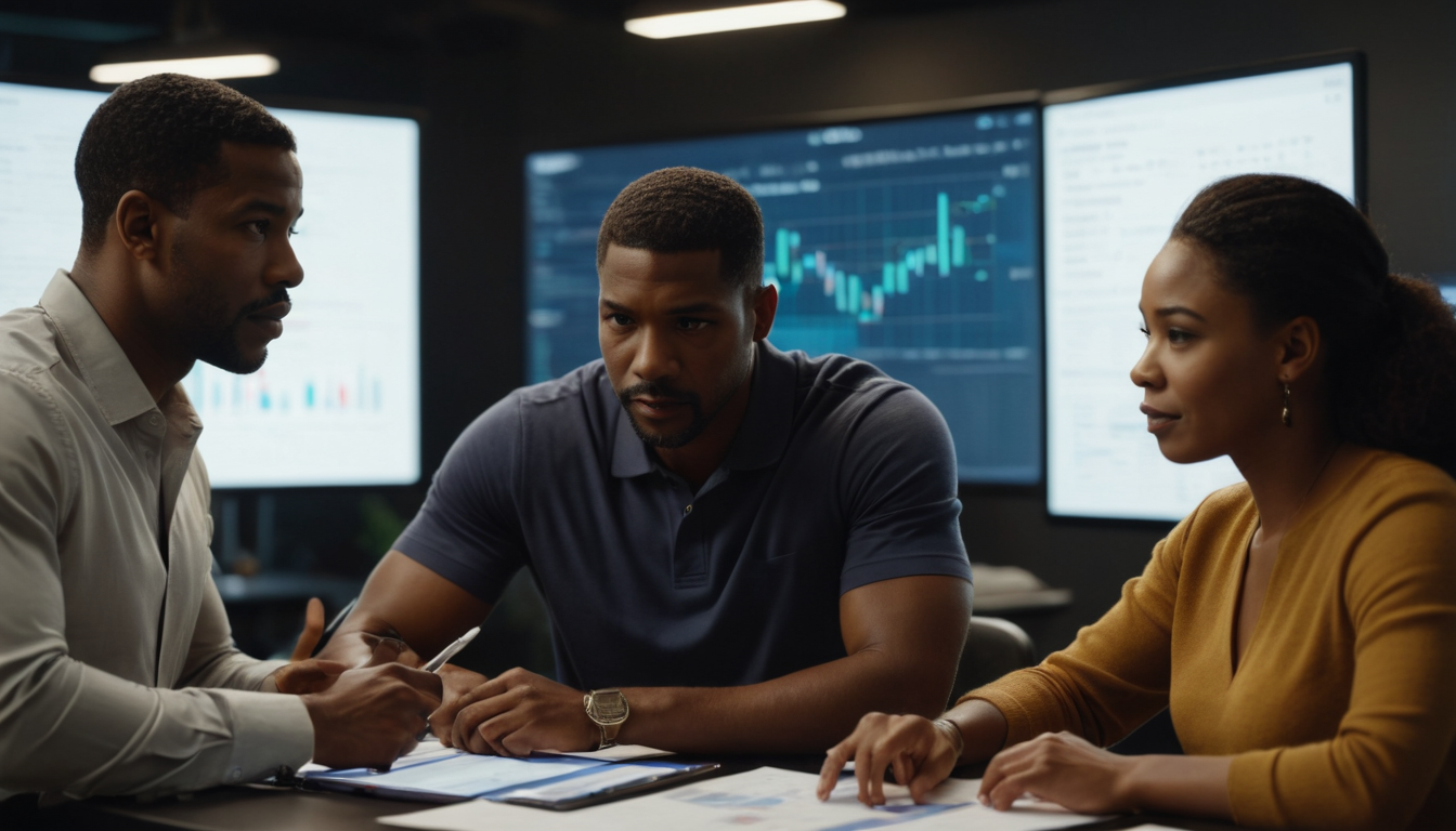 A man in a dark suit analyzes large digital screens displaying colorful business data charts and graphs related to customer loyalty program ideas.