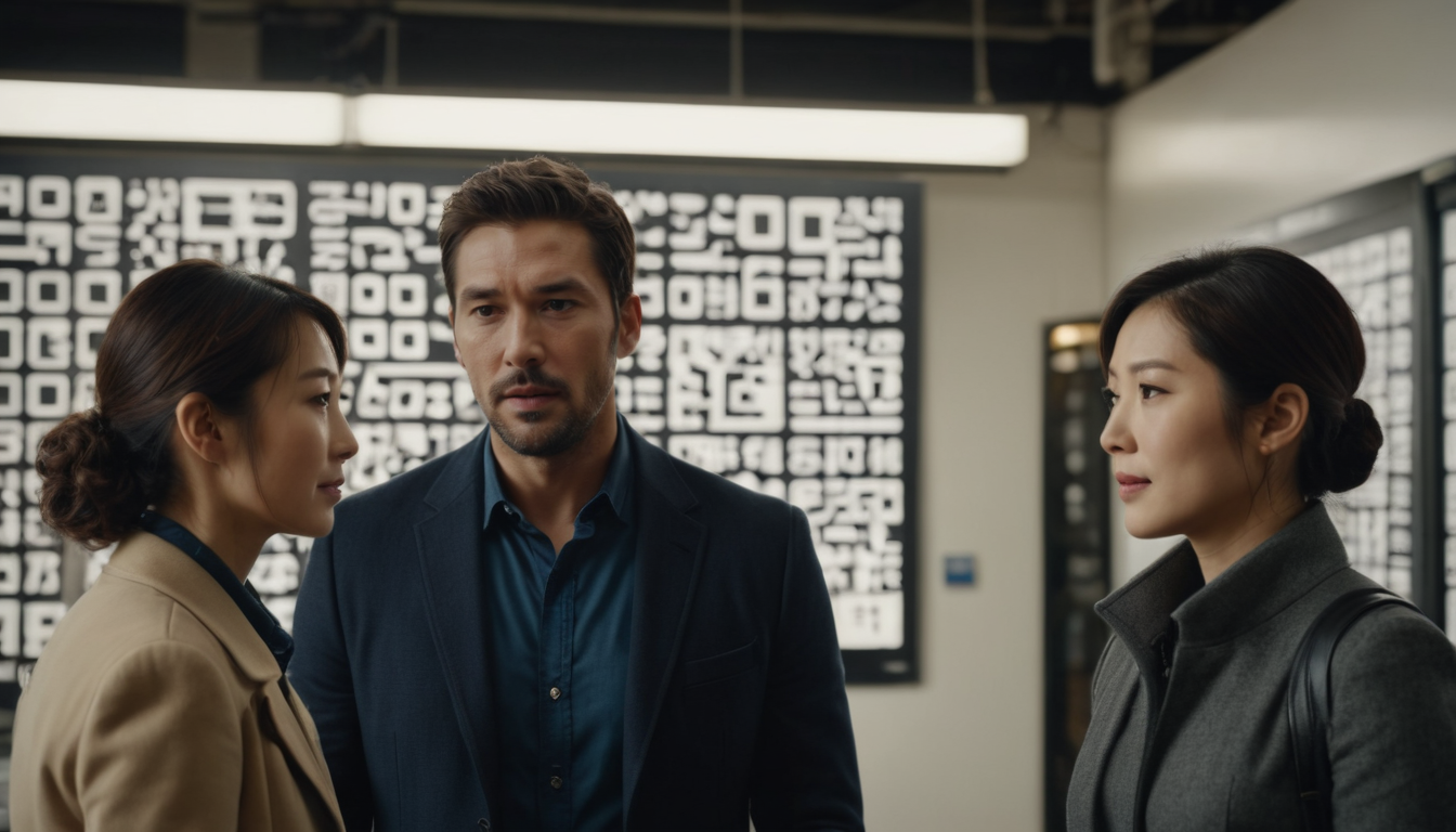 Two women and a man in business attire stand in an office, discussing customer loyalty program ideas, with a large, illuminated digital display of abstract symbols in the background.