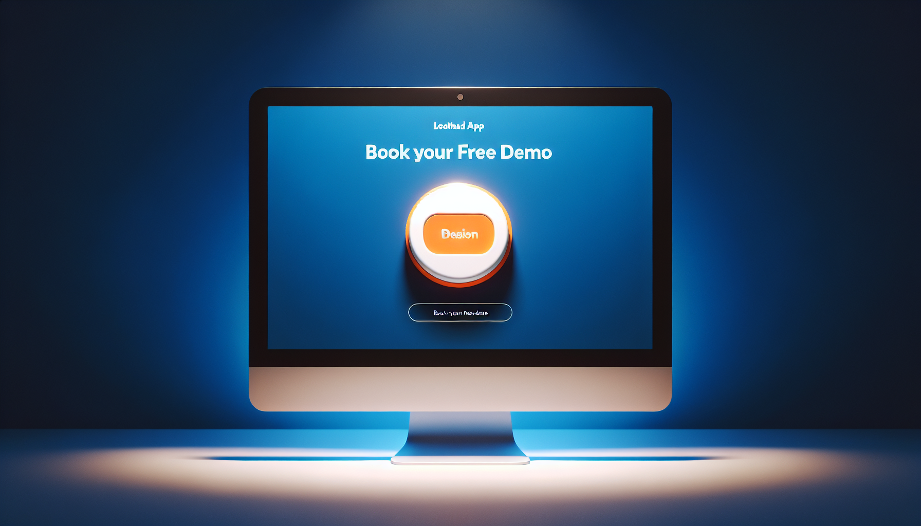 A computer screen displays a webpage with a blue background, featuring a large orange button labeled "Book your Free Demo" for a leading app that simplifies managing membership program fees.