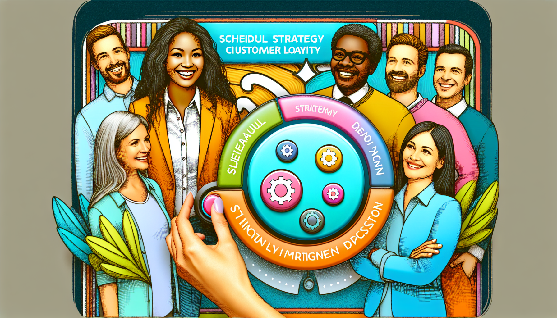 A diverse group of professionals gathers around a circular chart displaying "STRATEGY," "SCHEDULE," "LOYALTY," and "DECISION" with gears in the center. A hand points to the chart's outer circle, much like identifying key elements of a Sephora Beauty Insider membership benefits program.