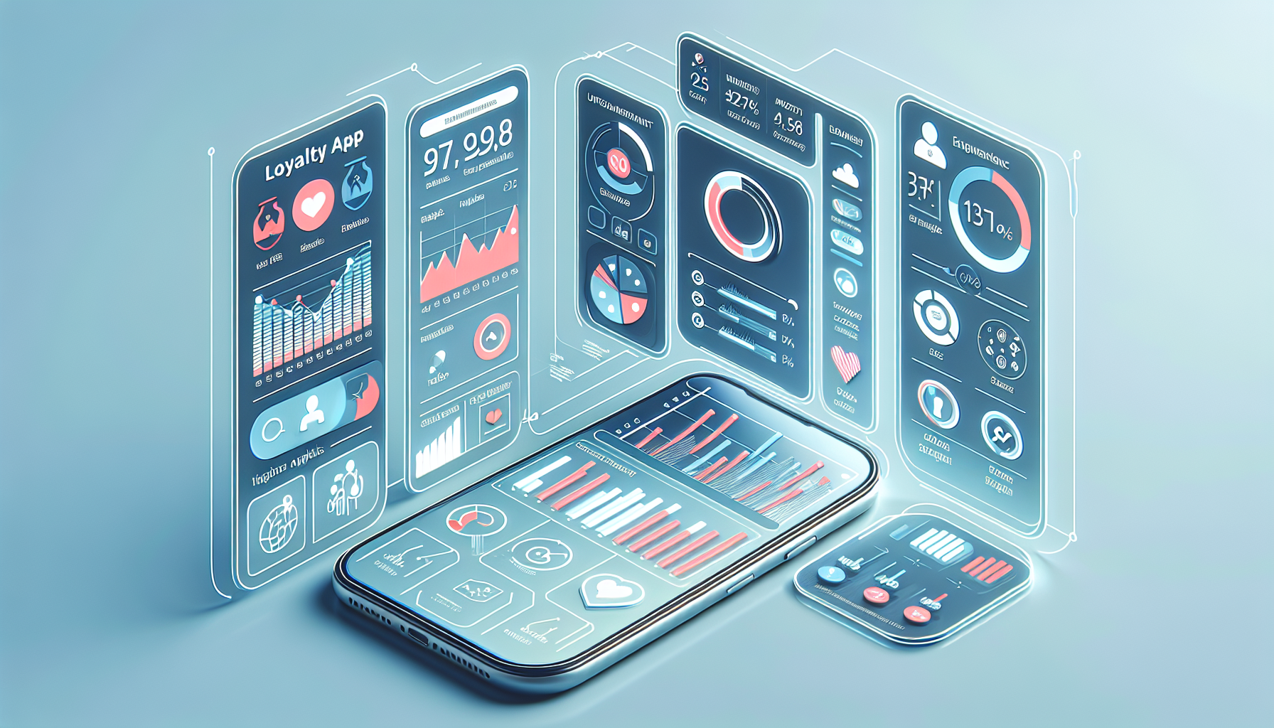 A smartphone displays several holographic data visualizations, including statistics, charts, and graphs related to fitness, health, climate, and consumer engagement.