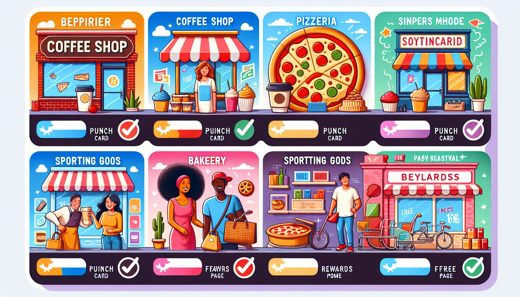 Colorful illustration of six distinct storefronts: a coffee shop, pizzeria, gaming store, sporting goods store, bakery, and toy store, each showcasing their unique loyalty punch cards and customer loyalty programs.