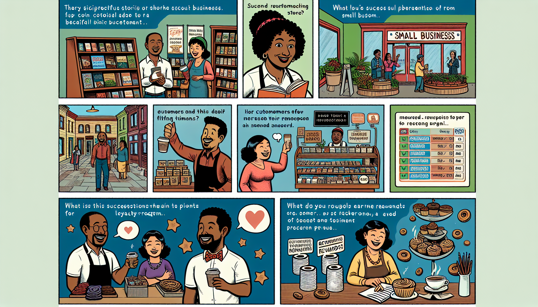 A comic strip illustrating efficient business strategies and fruitful outcomes, including customer service, seasonal marketing, data analysis, loyalty programs, and understanding customer behaviors through Digital Loyalty Solutions.