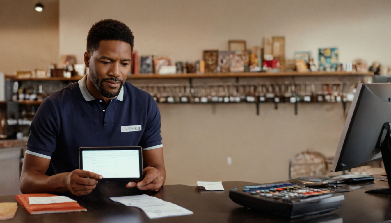 A man in a navy shirt uses a tablet and looks at a paper while sitting at a counter in a retail store with shelves in the background, contemplating the effectiveness of loyalty rewards programs.