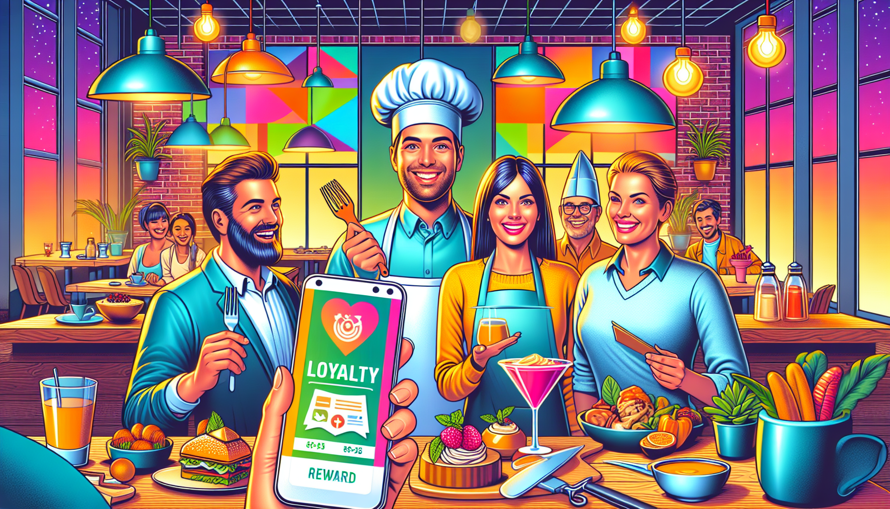 A group of five people, including chefs and diners, stand in a vibrantly colored restaurant. In the foreground, a hand holds a smartphone displaying a loyalty app screen highlighting the restaurant's Customer Loyalty Program.