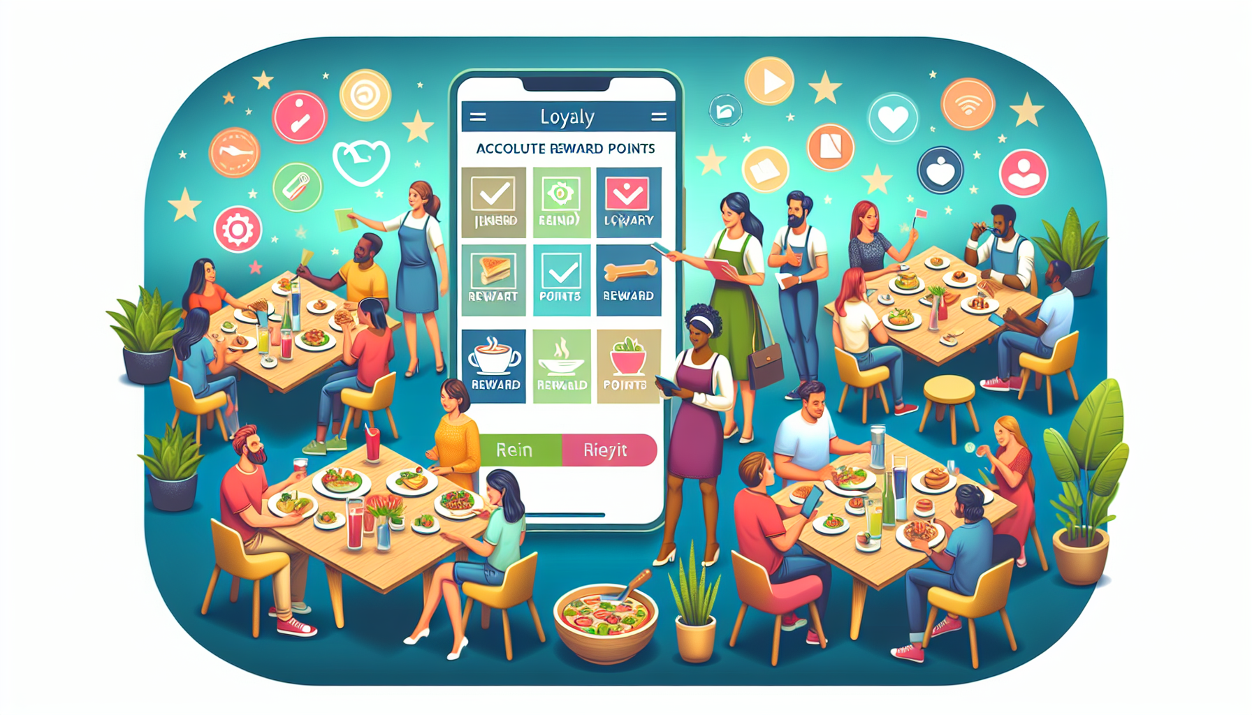 A loyalty app interface is displayed on a smartphone with icons and reward options, surrounded by people dining at multiple tables, engaged in conversations, enhancing restaurant customer loyalty in a lively and colorful setting.