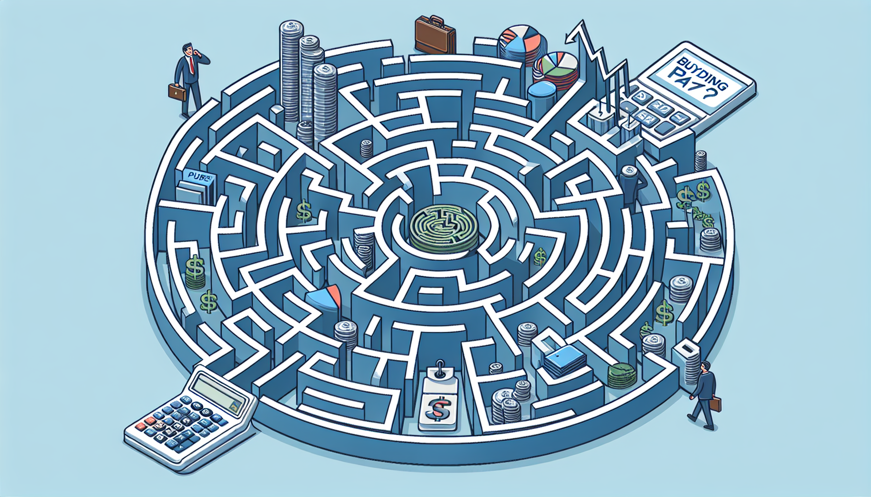 Illustration of a circular financial maze featuring businessmen, stacks of coins, charts, a calculator, and a tax form subtly highlighting client retention with the strategic use of loyalty solutions.