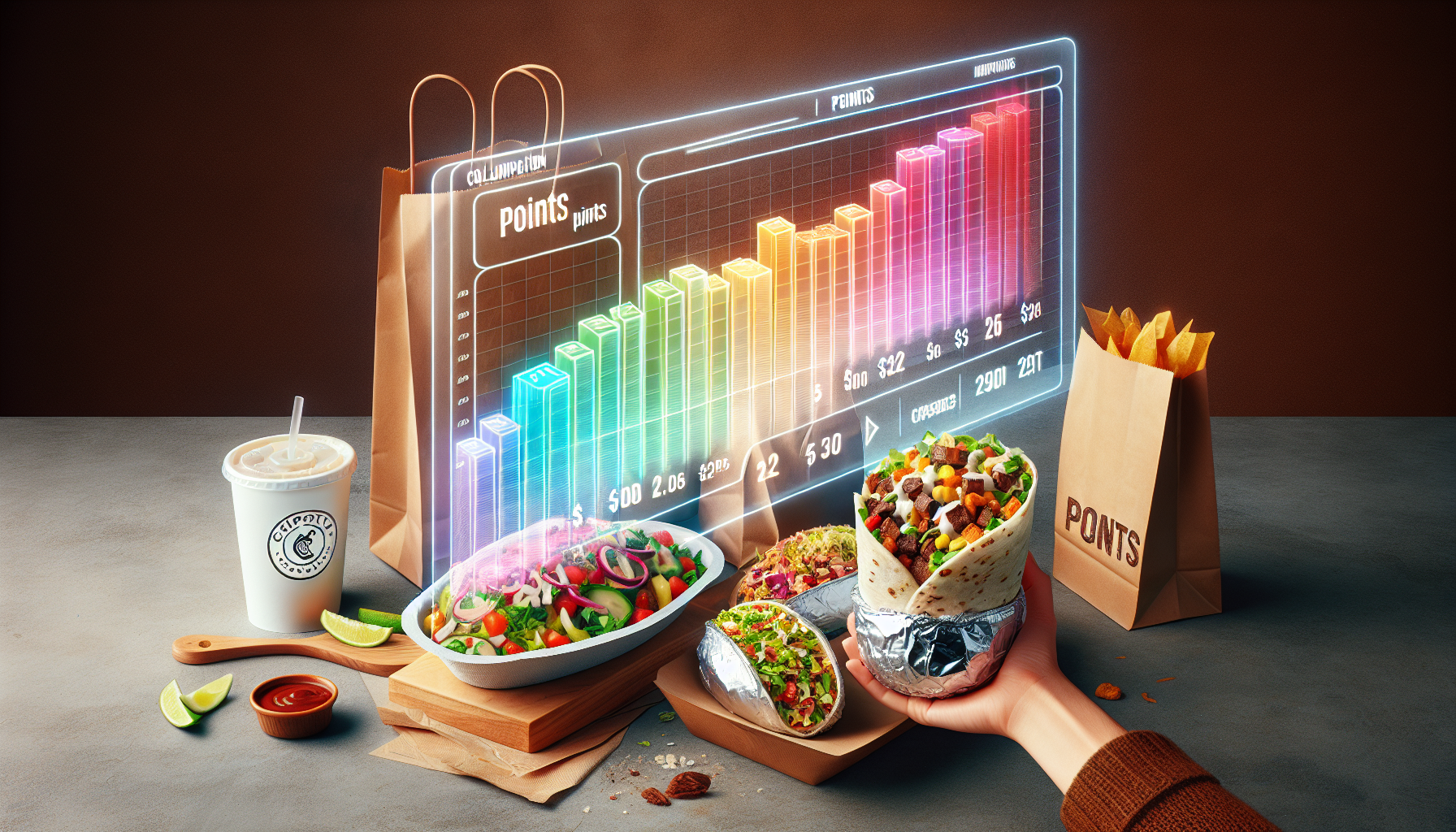 Person holding a burrito near various fast-food items including a salad, fries, and a drink, with a colorful bar graph projected in the background illustrating point values earned through the loyalty rewards system.