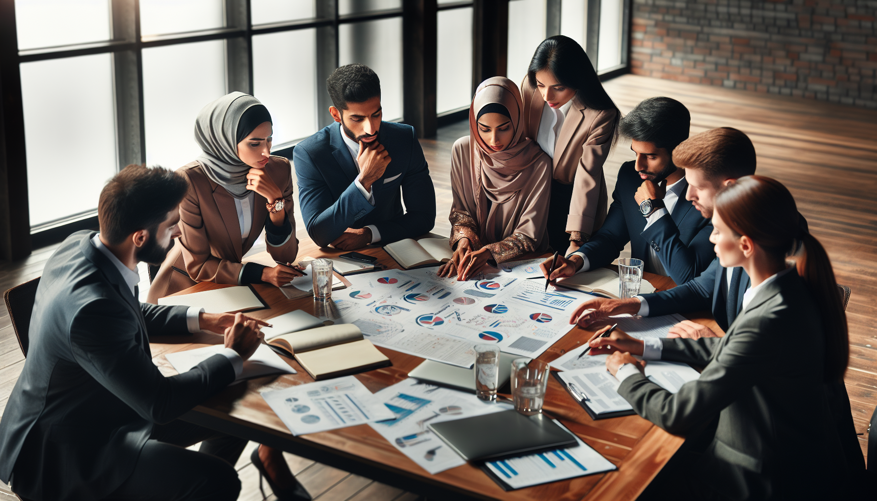 A group of business professionals in formal attire reviews documents and charts at a conference table in a modern office with large windows, discussing the benefits of a loyalty program.