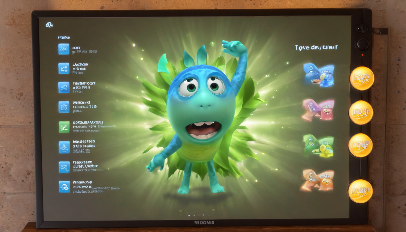 A digital screen displays animated character designs and text details. The central character, green with blue accents, stands with one arm raised. The screen, backlit by several round light bulbs, offers rewards program optimization tips to its viewers.