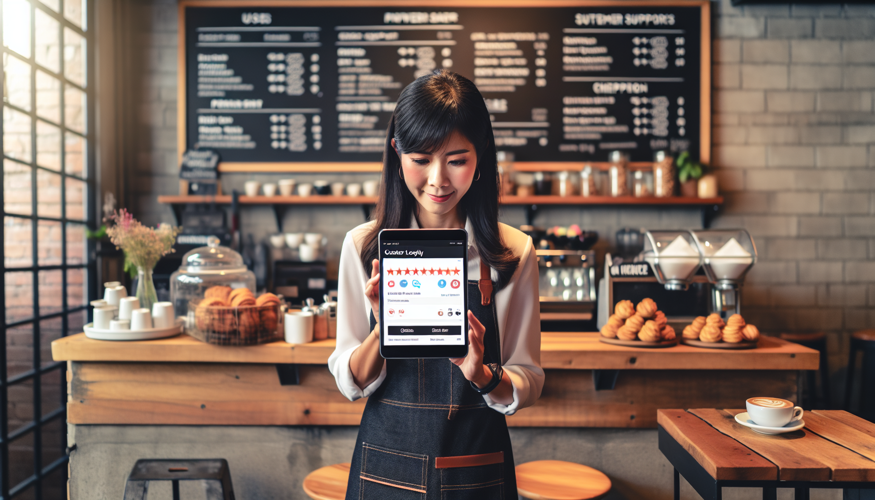 A woman in a café holds a tablet displaying a high customer rating from their digital rewards program. The counter behind her showcases baked goods, a coffee machine, and a menu board.