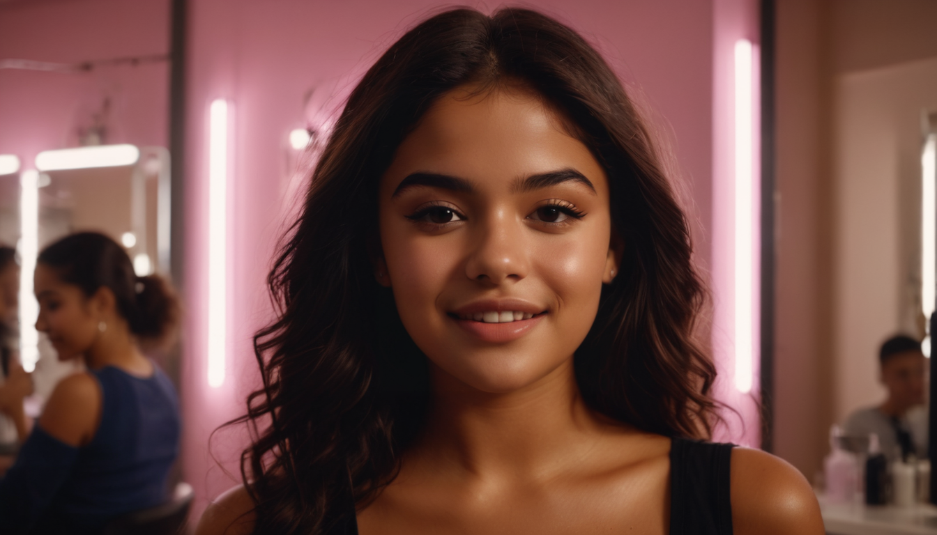 A young woman with a gentle smile, standing in a hair salon with pink neon lights and a mirror in the background.