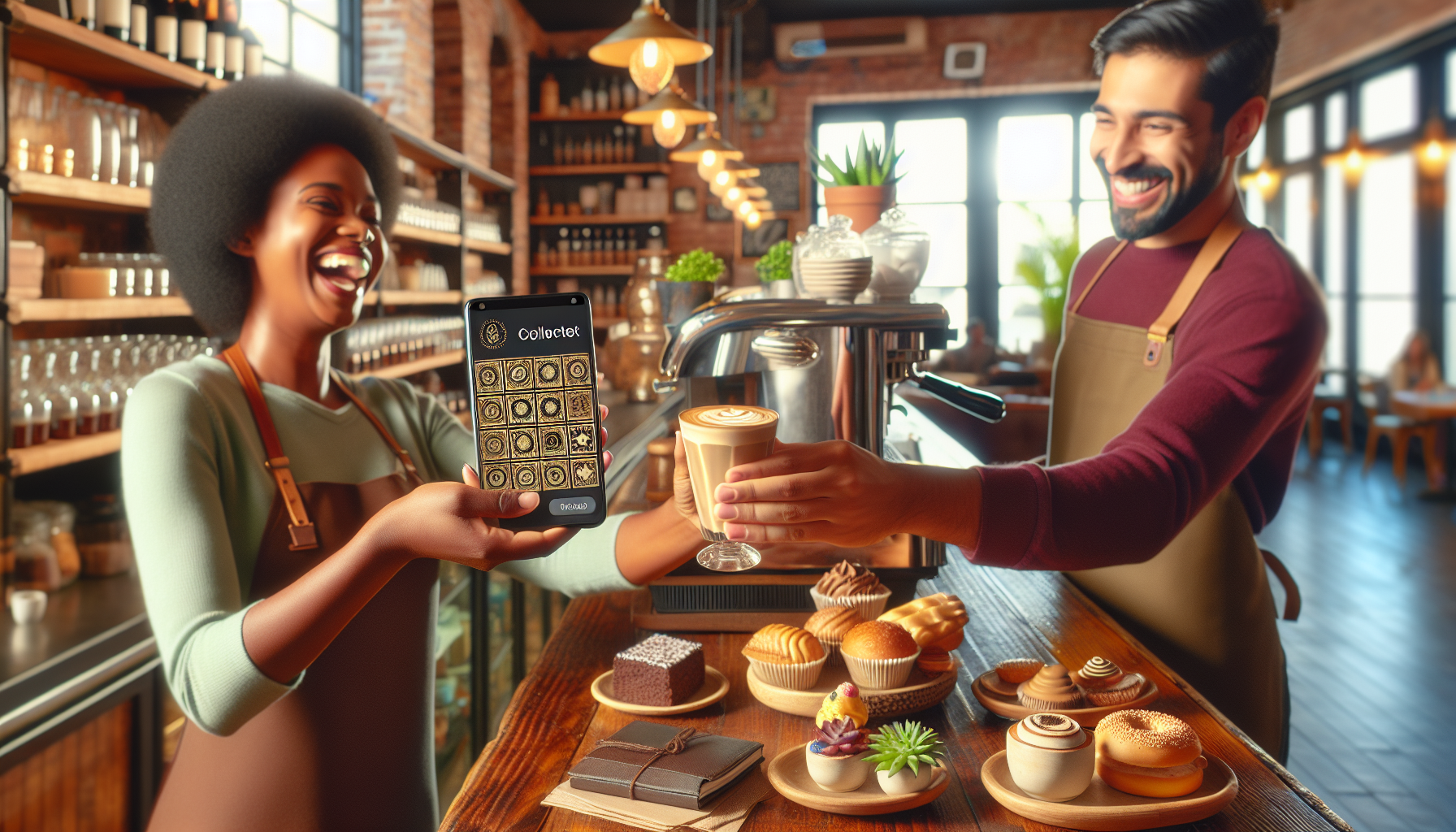 Two baristas in a cozy café, one holding a smartphone showing a digital punch card, the other serving a caramel latte. The counter displays an assortment of pastries and desserts.